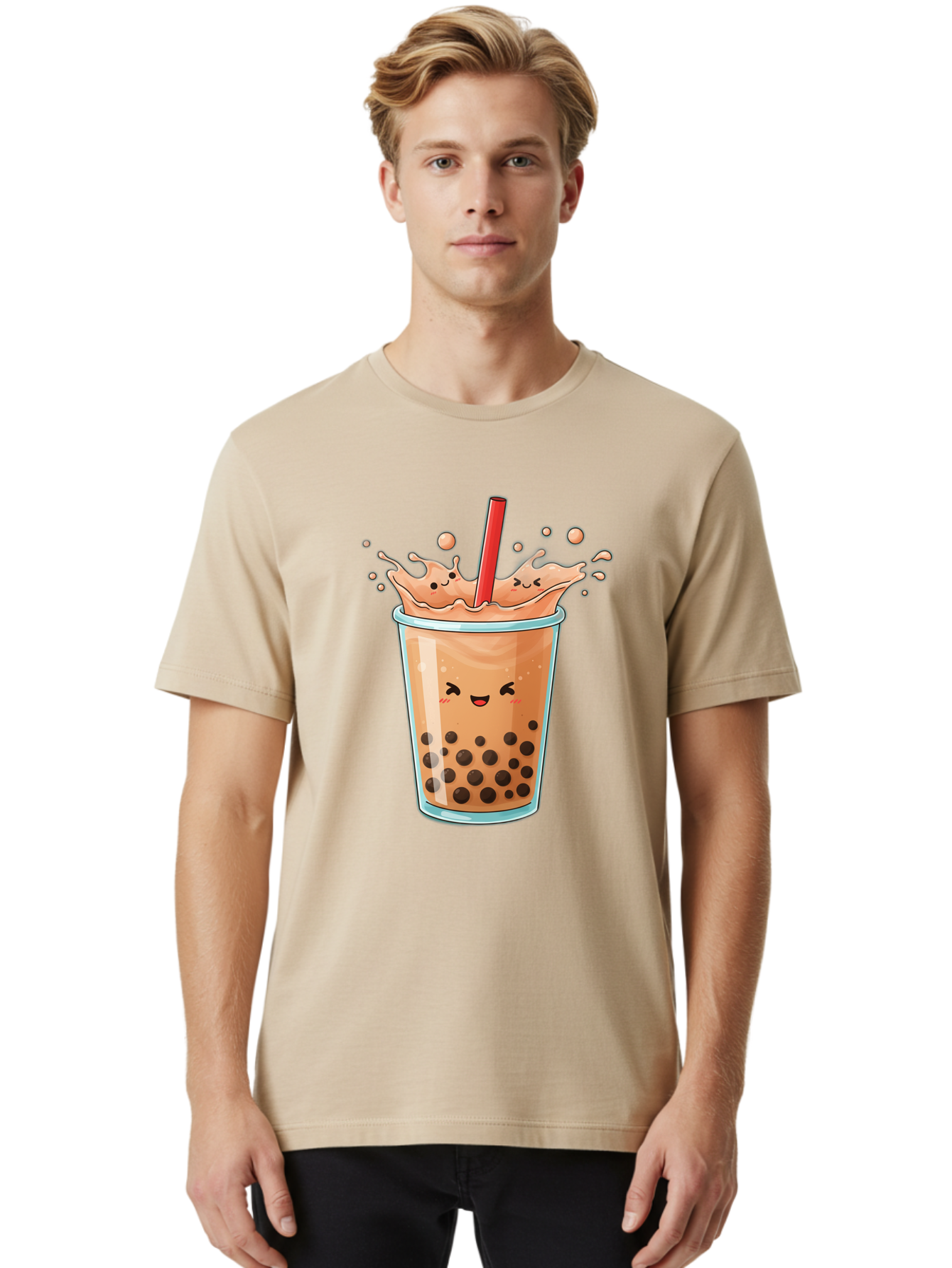 Bubble-Tea-17 Men'S Graphic Tee, 100% Cotton, Comfortable Casual Summer Wear, Machine Washable, Boba Tea With Straw, Cartoon Bubble Tea, Milk Tea With Bubbles, Cute Drink, Boba Drink, Tapioca Pearls, Kawaii Bubble Tea, Smiling Tea Bac697