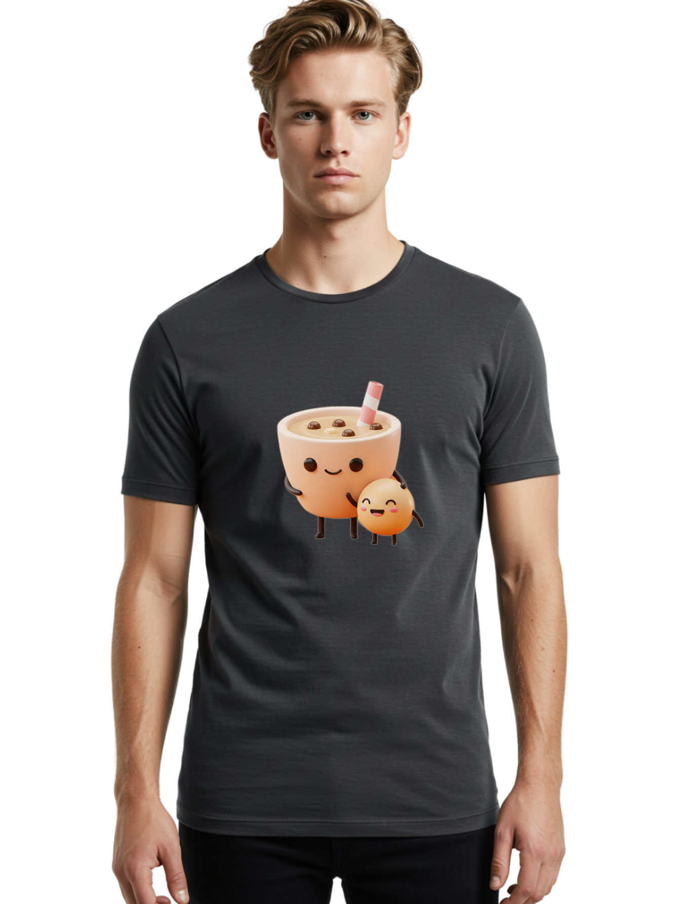 Bubble-Tea-18 Men'S Graphic Tee, 100% Cotton, Comfortable Casual Summer Wear, Machine Washable, Cartoon Boba Tea, Smiling Tea Cup, Boba Friends, Kawaii Characters, Milk Tea, Tapioca Pearls, Adorable Illustration, Funny Bubble Tea Bac698