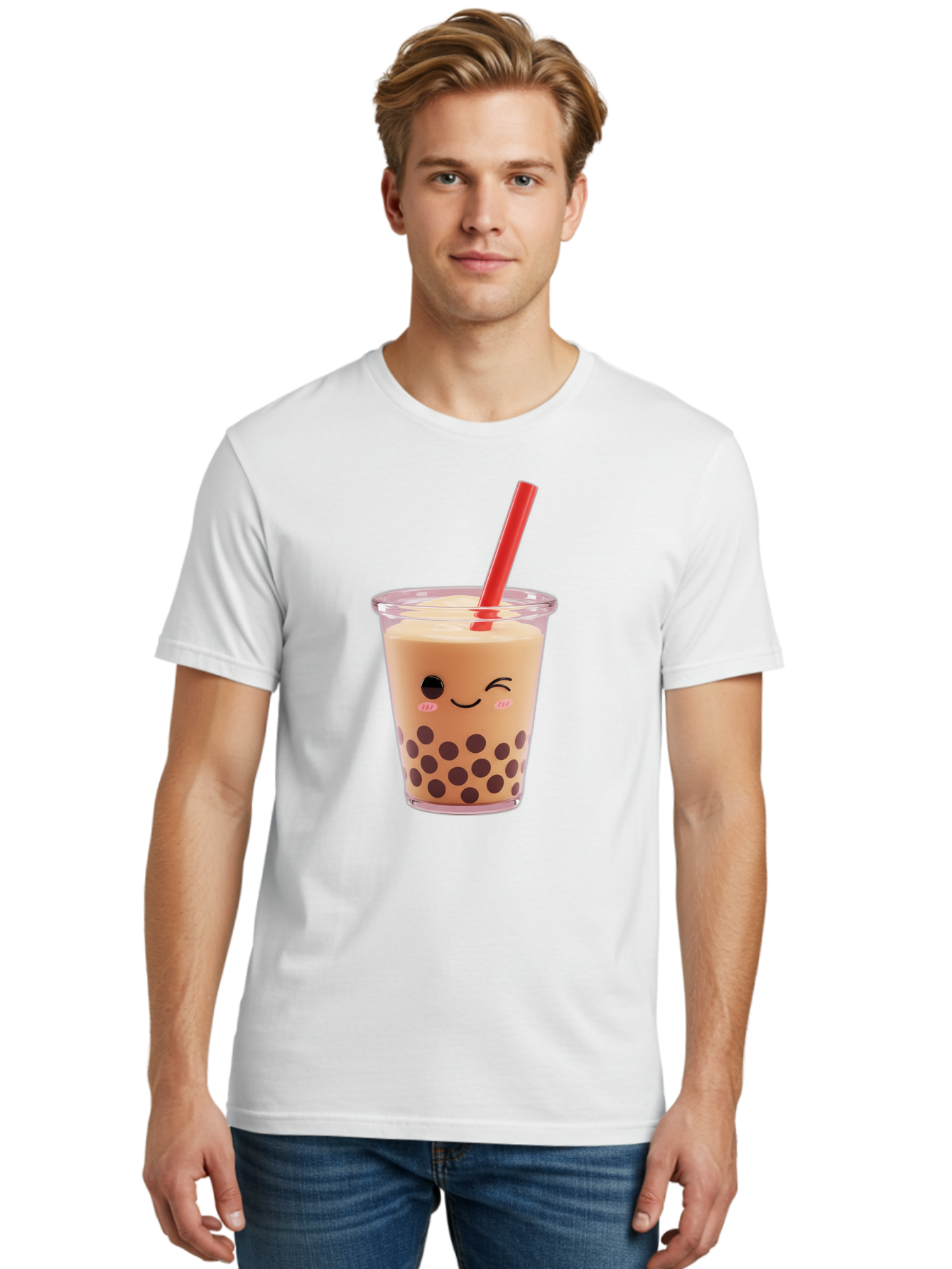 Bubble-Tea-19 Men'S Graphic Tee, 100% Cotton, Comfortable Casual Summer Wear, Machine Washable, Bubble Tea, Boba Tea, Milk Tea, Tapioca Pearls, Kawaii, Cute Drink, Tea Drink, Red Straw, Smiling Face, Adorable Beverage, Trendy Drink Bac699