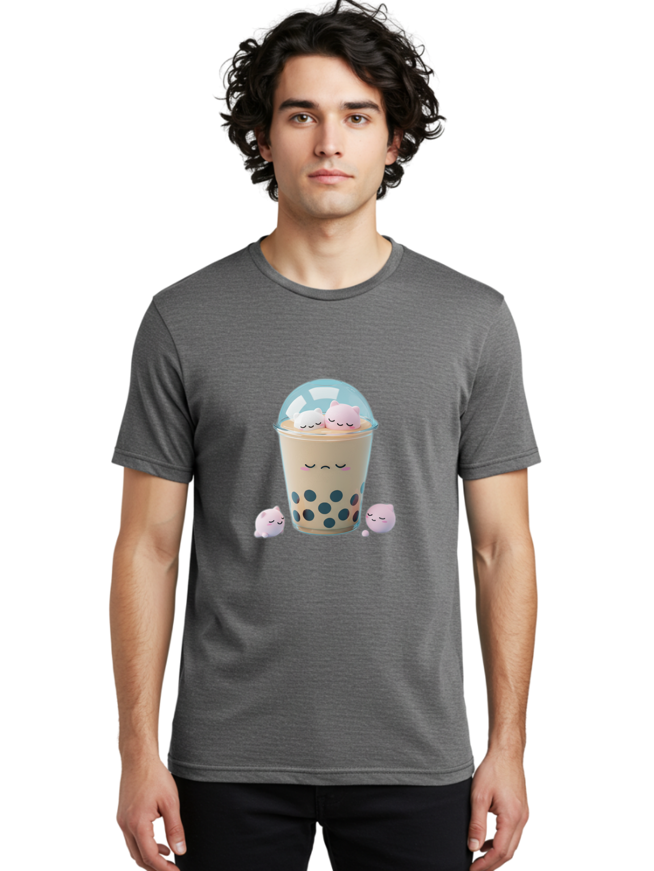 Bubble-Tea-2 Men'S Graphic Tee, 100% Cotton, Comfortable Casual Summer Wear, Machine Washable, Bubble Tea Drink, Milk Tea, Boba, Cute Beverage, Cartoon Illustration, Adorable Characters, Smiling Faces, Peaceful Atmosphere, Sweet Treats, Bac700