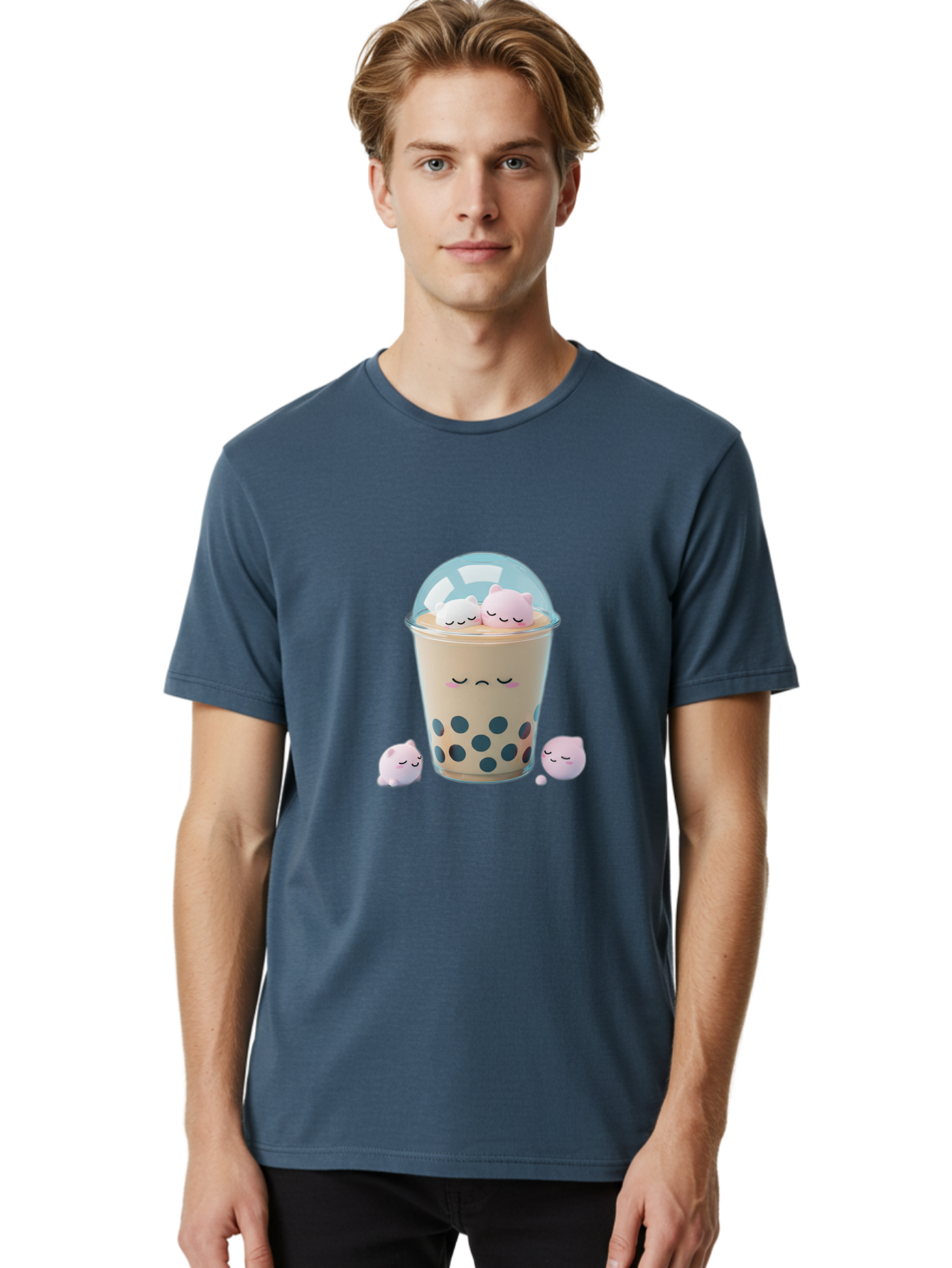 Bubble-Tea-2 Men'S Graphic Tee, 100% Cotton, Comfortable Casual Summer Wear, Machine Washable, Bubble Tea Drink, Milk Tea, Boba, Cute Beverage, Cartoon Illustration, Adorable Characters, Smiling Faces, Peaceful Atmosphere, Sweet Treats, Bac700
