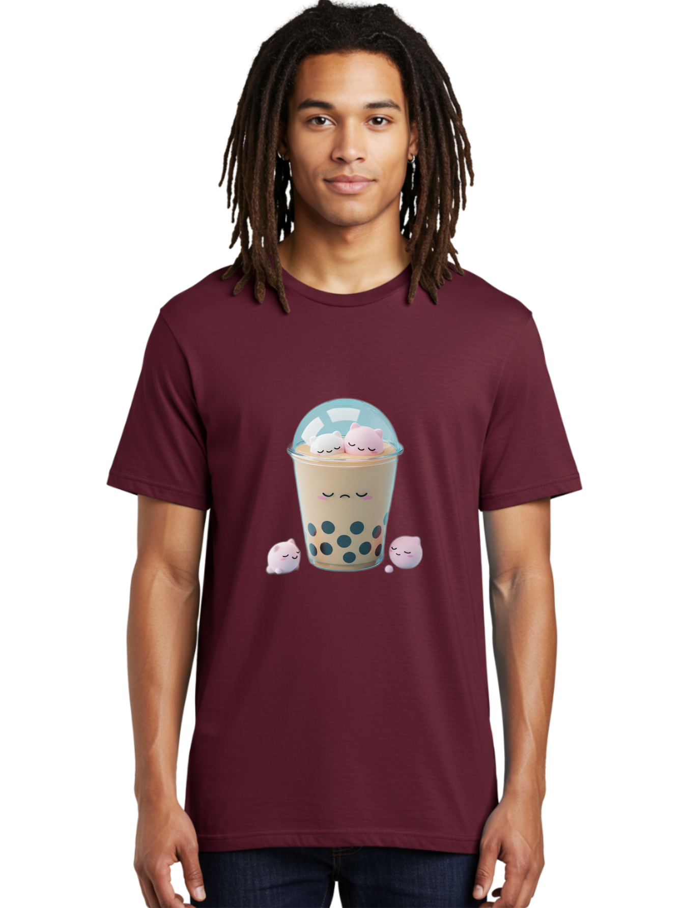 Bubble-Tea-2 Men'S Graphic Tee, 100% Cotton, Comfortable Casual Summer Wear, Machine Washable, Bubble Tea Drink, Milk Tea, Boba, Cute Beverage, Cartoon Illustration, Adorable Characters, Smiling Faces, Peaceful Atmosphere, Sweet Treats, Bac700