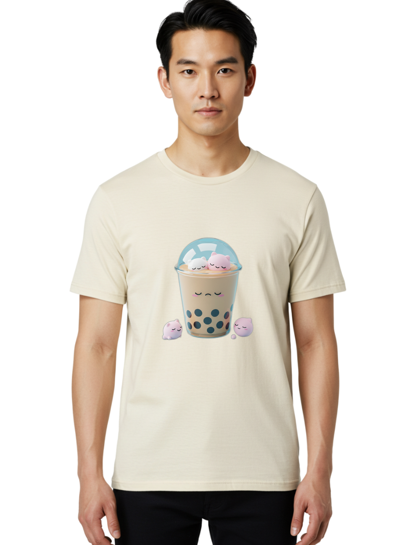 Bubble-Tea-2 Men'S Graphic Tee, 100% Cotton, Comfortable Casual Summer Wear, Machine Washable, Bubble Tea Drink, Milk Tea, Boba, Cute Beverage, Cartoon Illustration, Adorable Characters, Smiling Faces, Peaceful Atmosphere, Sweet Treats, Bac700