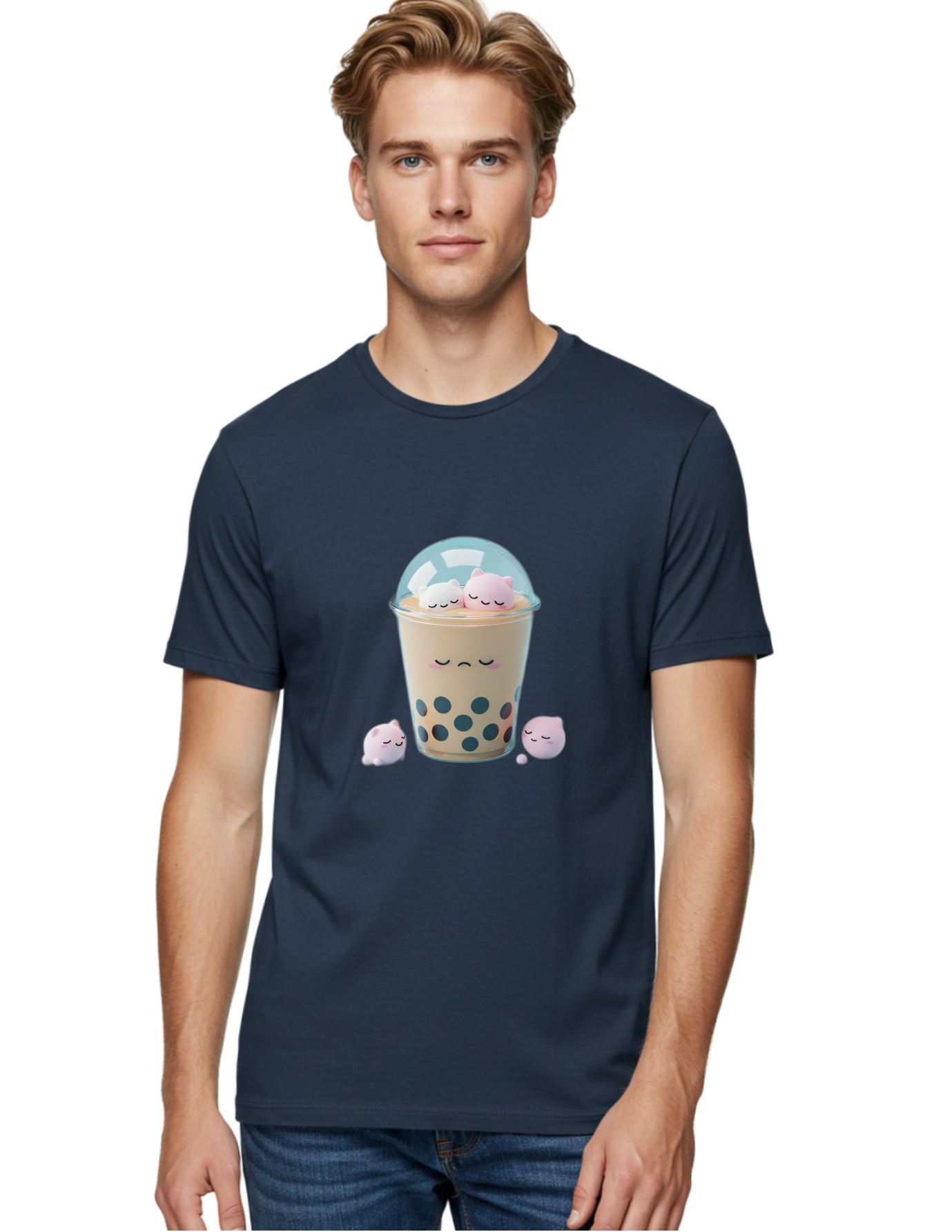 Bubble-Tea-2 Men'S Graphic Tee, 100% Cotton, Comfortable Casual Summer Wear, Machine Washable, Bubble Tea Drink, Milk Tea, Boba, Cute Beverage, Cartoon Illustration, Adorable Characters, Smiling Faces, Peaceful Atmosphere, Sweet Treats, Bac700