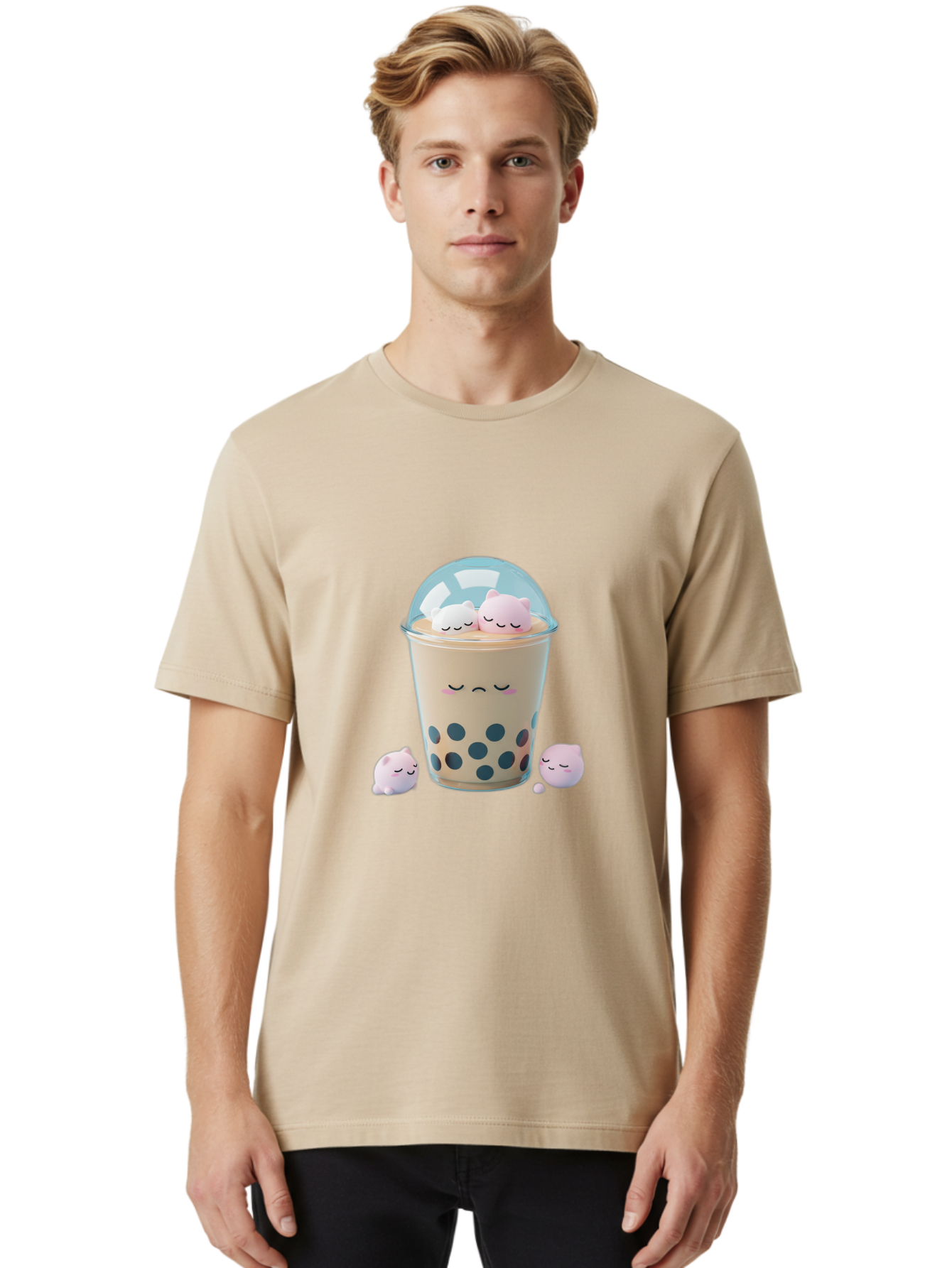Bubble-Tea-2 Men'S Graphic Tee, 100% Cotton, Comfortable Casual Summer Wear, Machine Washable, Bubble Tea Drink, Milk Tea, Boba, Cute Beverage, Cartoon Illustration, Adorable Characters, Smiling Faces, Peaceful Atmosphere, Sweet Treats, Bac700