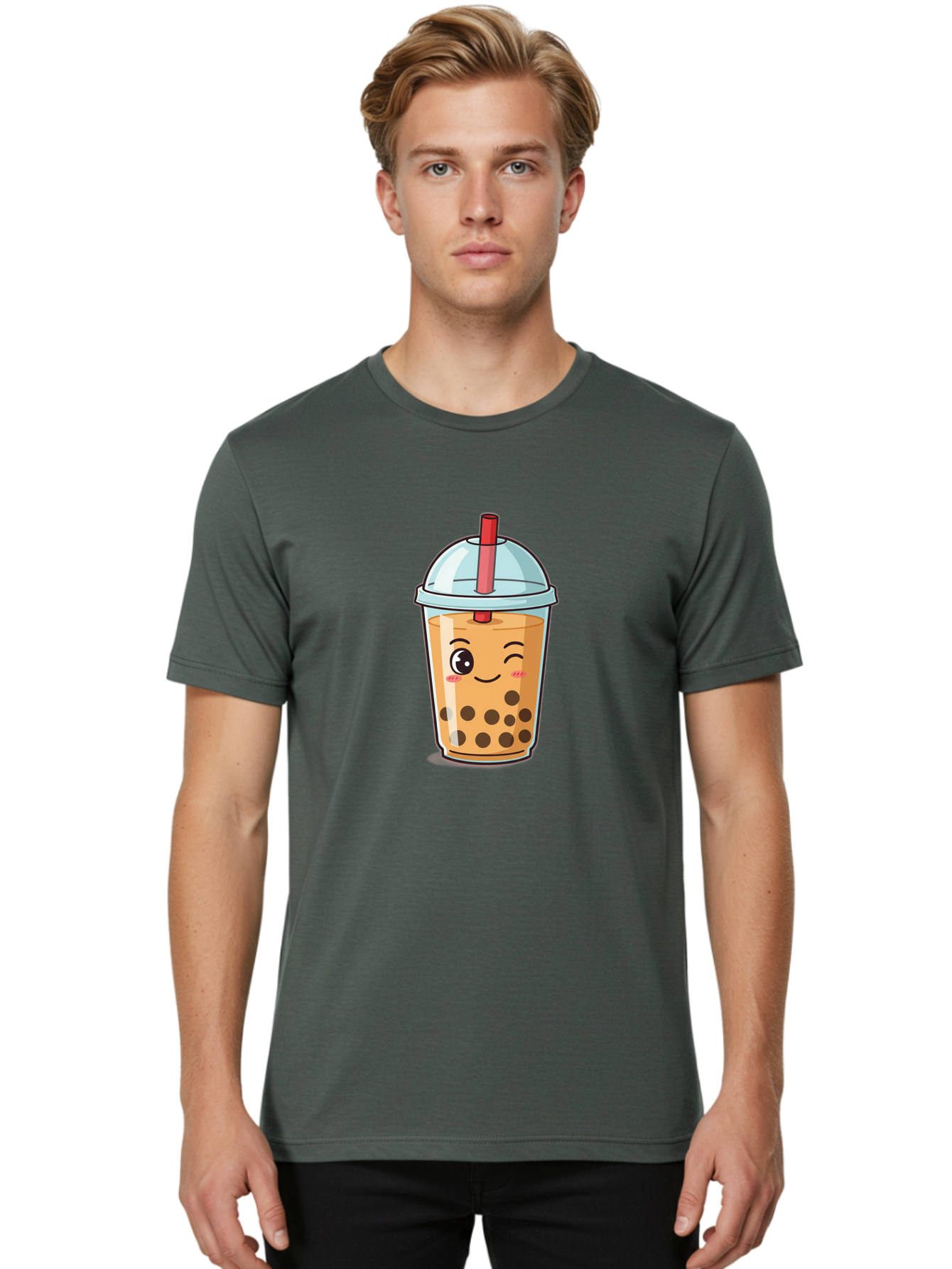 Bubble-Tea-23 Men'S Graphic Tee, 100% Cotton, Comfortable Casual Summer Wear, Machine Washable, Cartoon Boba Tea, Bubble Tea Drink, Animated Beverage, Smiling Face, Winking Eye, Cute Character, Boba Drink, Tea With Boba, Boba Love, Tea Culture Bac704