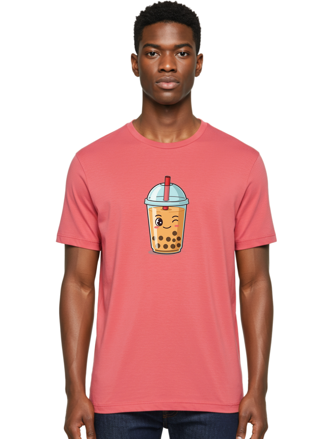 Bubble-Tea-23 Men'S Graphic Tee, 100% Cotton, Comfortable Casual Summer Wear, Machine Washable, Cartoon Boba Tea, Bubble Tea Drink, Animated Beverage, Smiling Face, Winking Eye, Cute Character, Boba Drink, Tea With Boba, Boba Love, Tea Culture Bac704