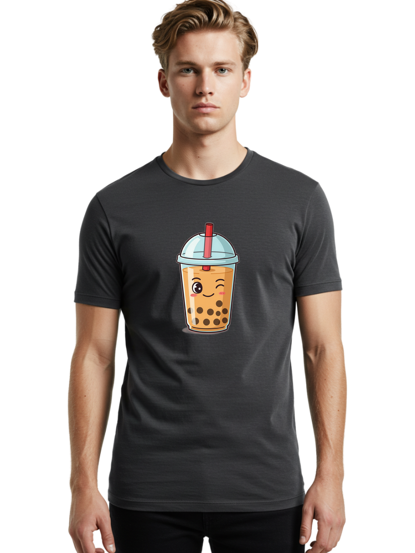 Bubble-Tea-23 Men'S Graphic Tee, 100% Cotton, Comfortable Casual Summer Wear, Machine Washable, Cartoon Boba Tea, Bubble Tea Drink, Animated Beverage, Smiling Face, Winking Eye, Cute Character, Boba Drink, Tea With Boba, Boba Love, Tea Culture Bac704