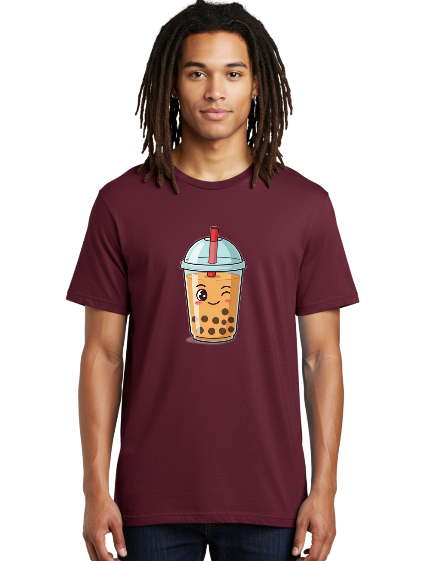 Bubble-Tea-23 Men'S Graphic Tee, 100% Cotton, Comfortable Casual Summer Wear, Machine Washable, Cartoon Boba Tea, Bubble Tea Drink, Animated Beverage, Smiling Face, Winking Eye, Cute Character, Boba Drink, Tea With Boba, Boba Love, Tea Culture Bac704