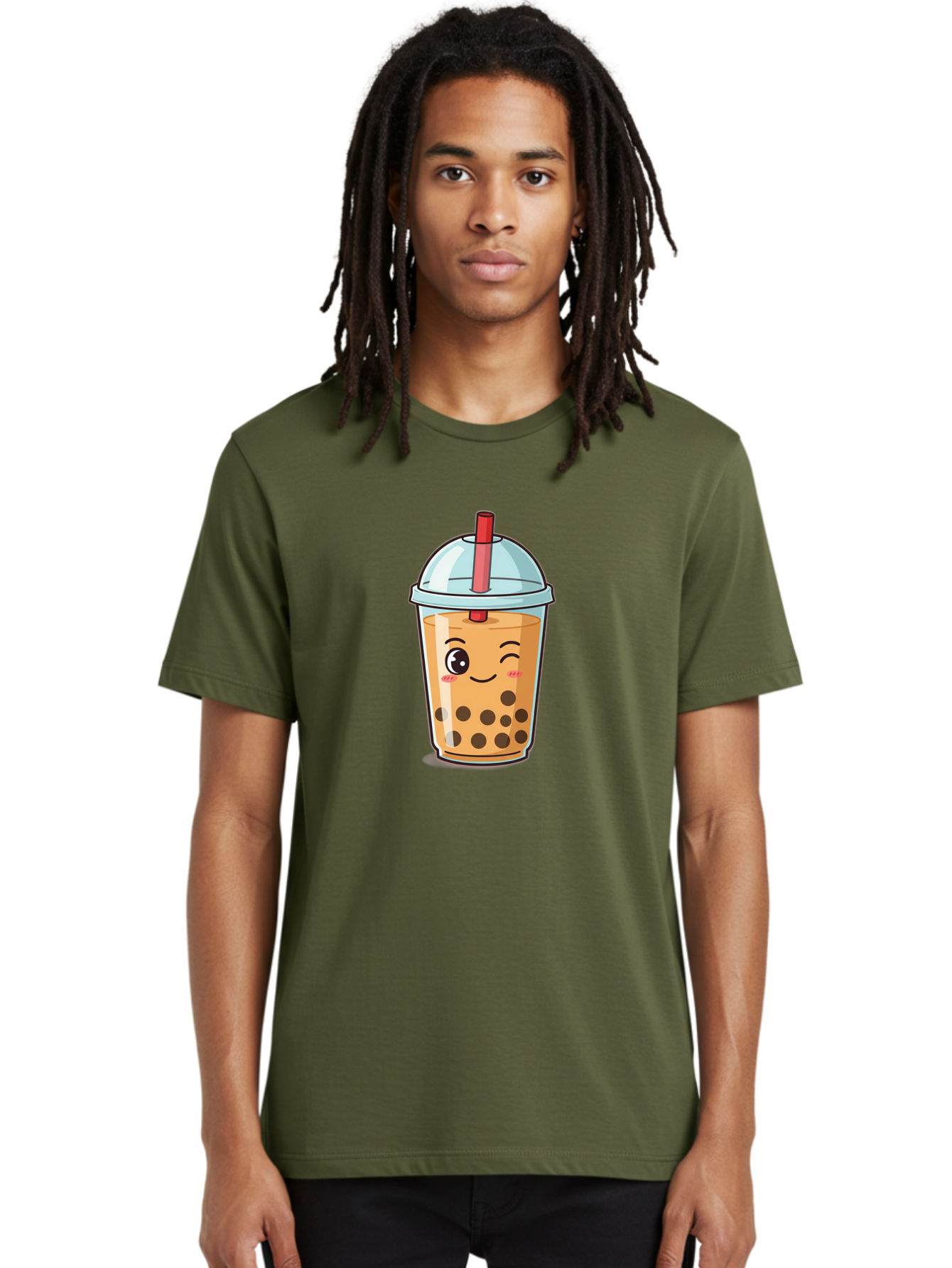 Bubble-Tea-23 Men'S Graphic Tee, 100% Cotton, Comfortable Casual Summer Wear, Machine Washable, Cartoon Boba Tea, Bubble Tea Drink, Animated Beverage, Smiling Face, Winking Eye, Cute Character, Boba Drink, Tea With Boba, Boba Love, Tea Culture Bac704