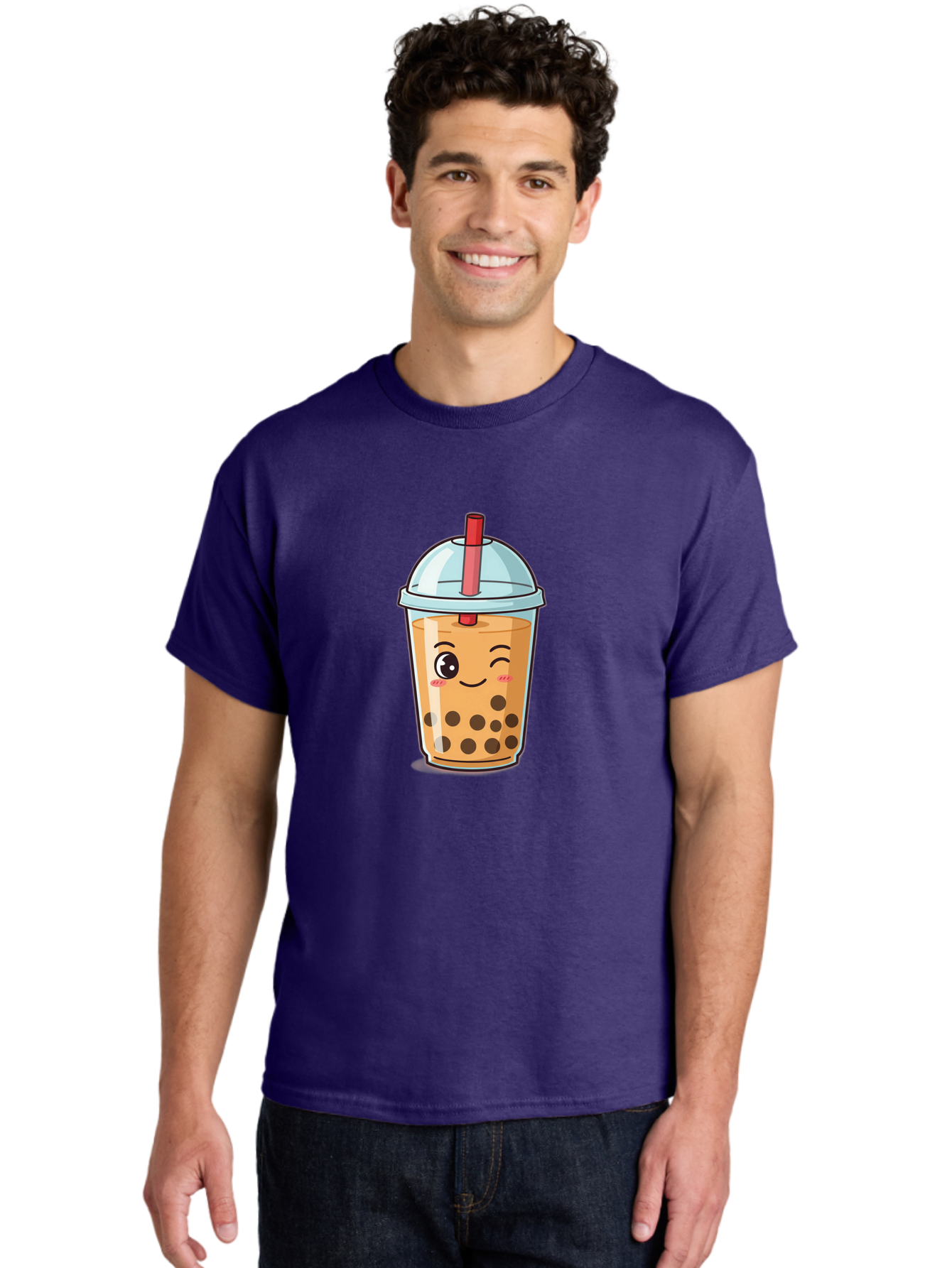 Bubble-Tea-23 Men'S Graphic Tee, 100% Cotton, Comfortable Casual Summer Wear, Machine Washable, Cartoon Boba Tea, Bubble Tea Drink, Animated Beverage, Smiling Face, Winking Eye, Cute Character, Boba Drink, Tea With Boba, Boba Love, Tea Culture Bac704