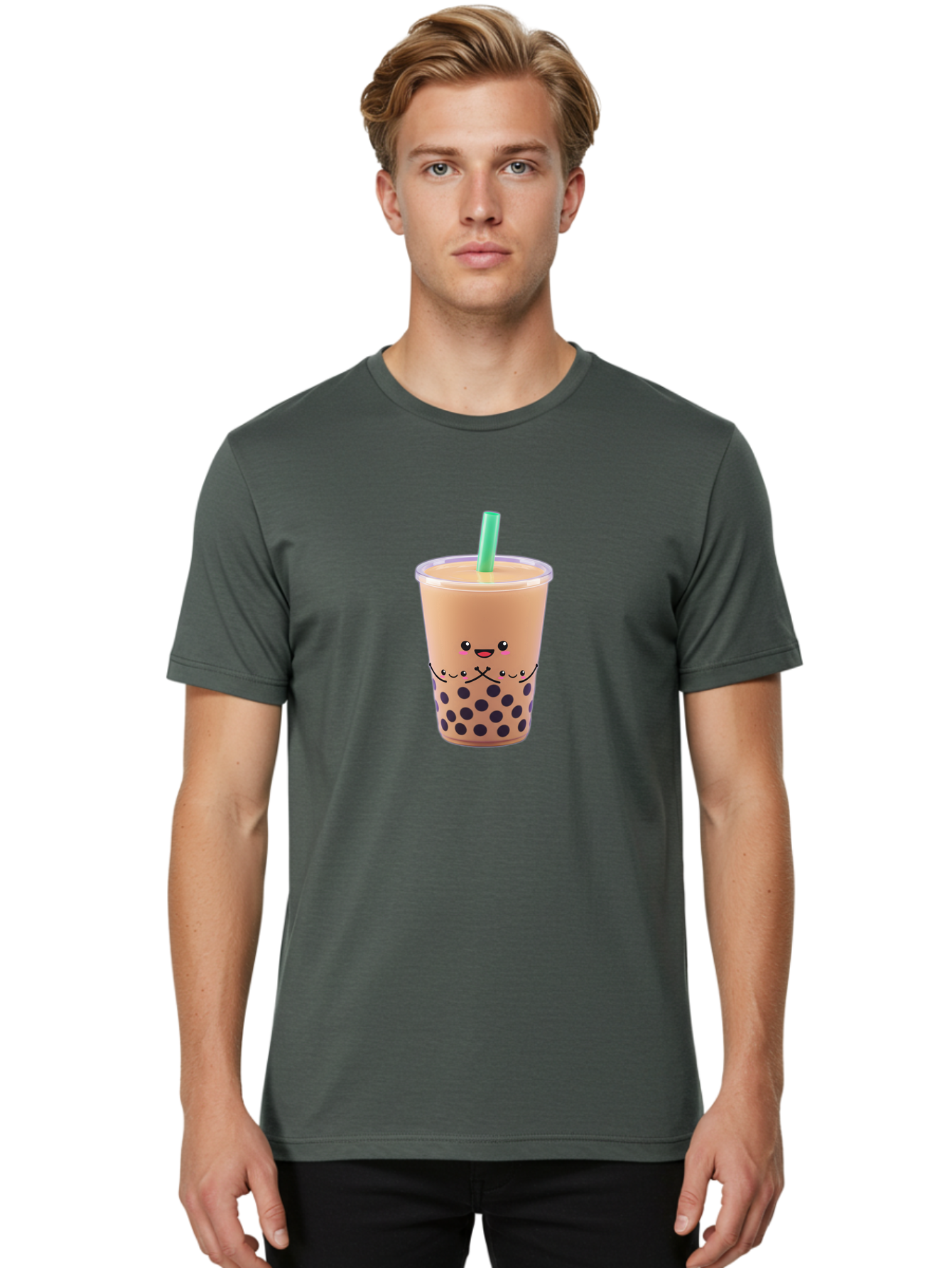 Bubble-Tea-3 Men'S Graphic Tee, 100% Cotton, Comfortable Casual Summer Wear, Machine Washable, Bubble Tea, Smiling Face, Cartoon Character, Milk Tea, Boba Drink, Tea With Straw, Adorable Design, Funny Illustration, Kawaii Culture, Boba Tea, Bac705