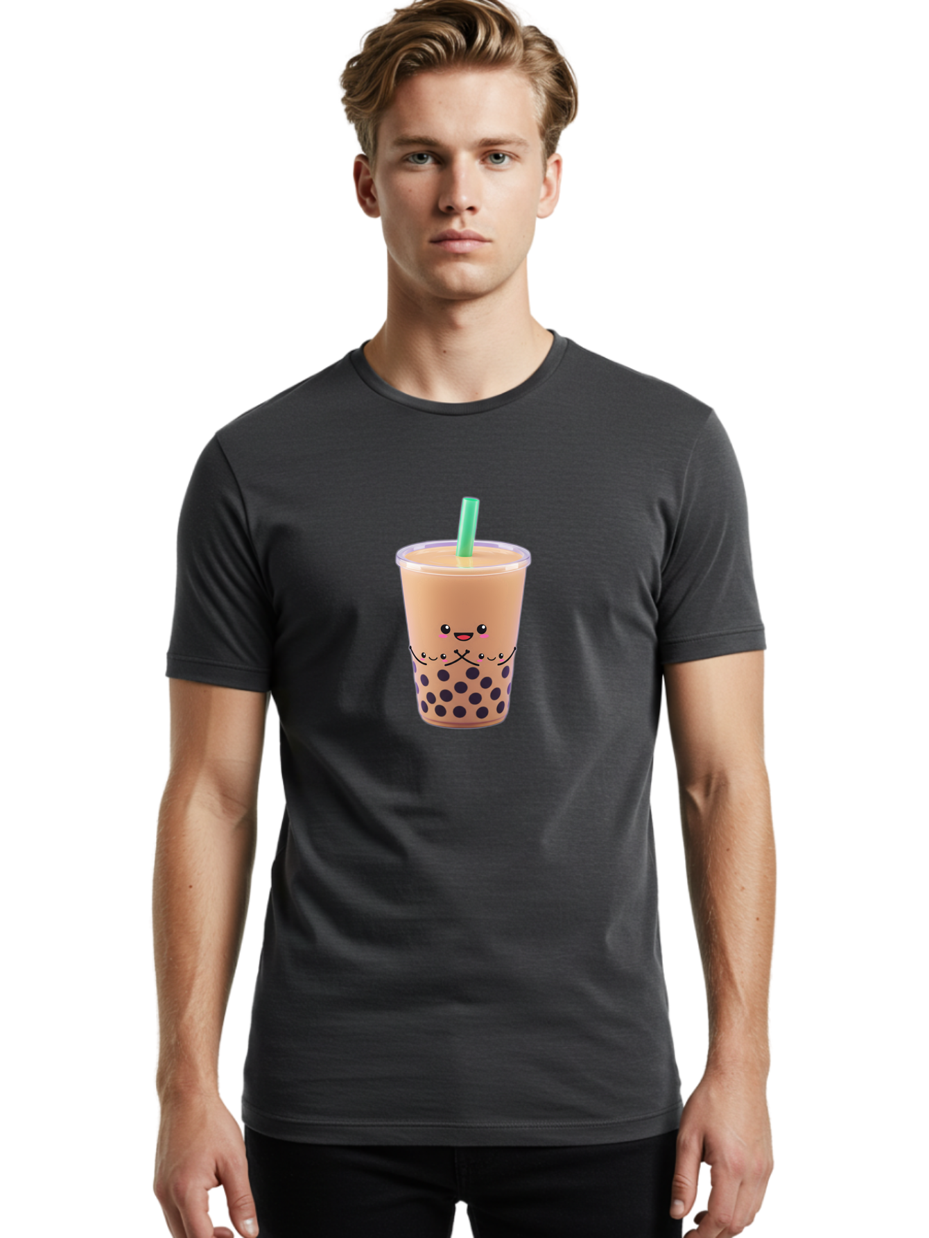 Bubble-Tea-3 Men'S Graphic Tee, 100% Cotton, Comfortable Casual Summer Wear, Machine Washable, Bubble Tea, Smiling Face, Cartoon Character, Milk Tea, Boba Drink, Tea With Straw, Adorable Design, Funny Illustration, Kawaii Culture, Boba Tea, Bac705