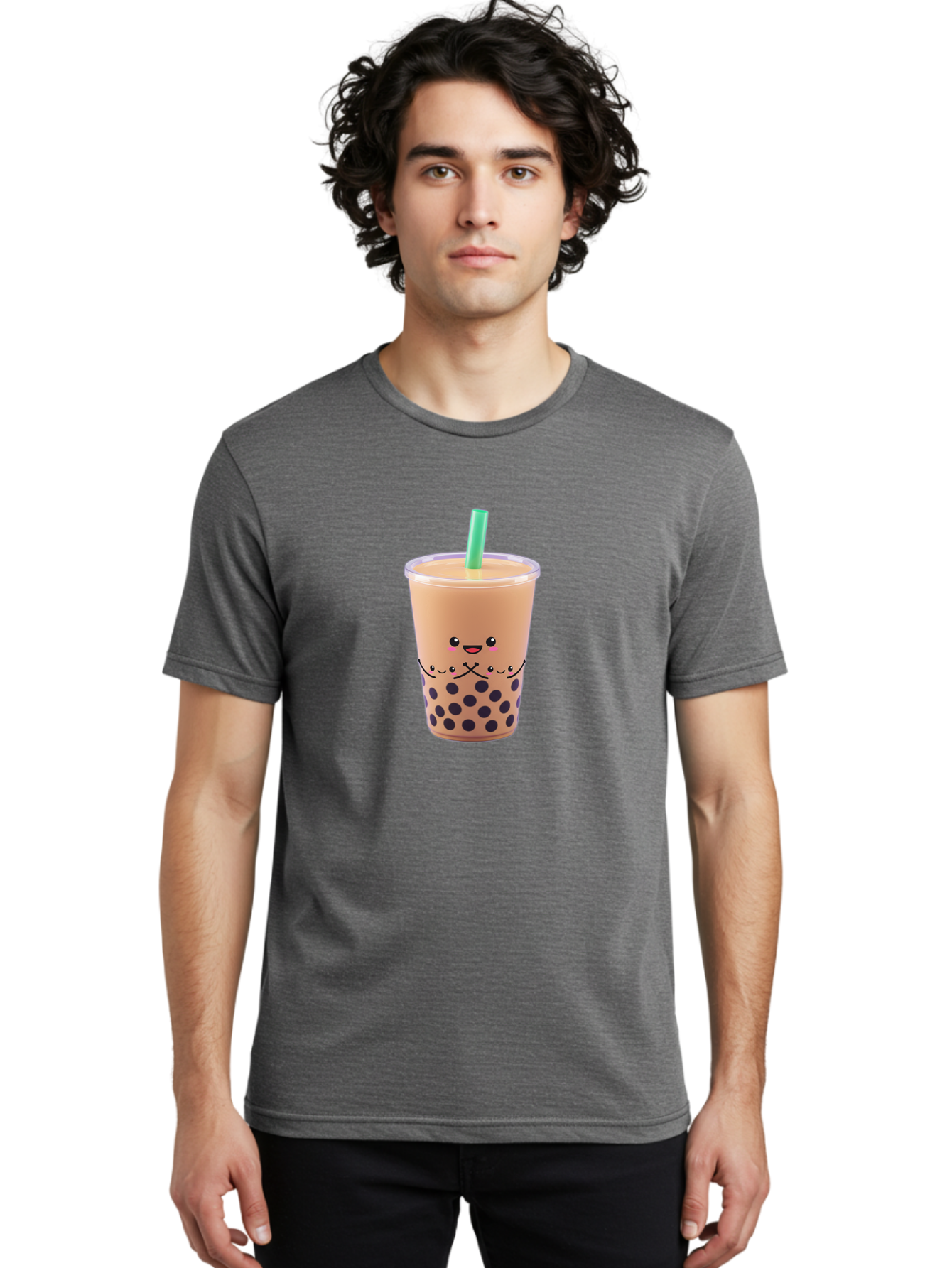 Bubble-Tea-3 Men'S Graphic Tee, 100% Cotton, Comfortable Casual Summer Wear, Machine Washable, Bubble Tea, Smiling Face, Cartoon Character, Milk Tea, Boba Drink, Tea With Straw, Adorable Design, Funny Illustration, Kawaii Culture, Boba Tea, Bac705