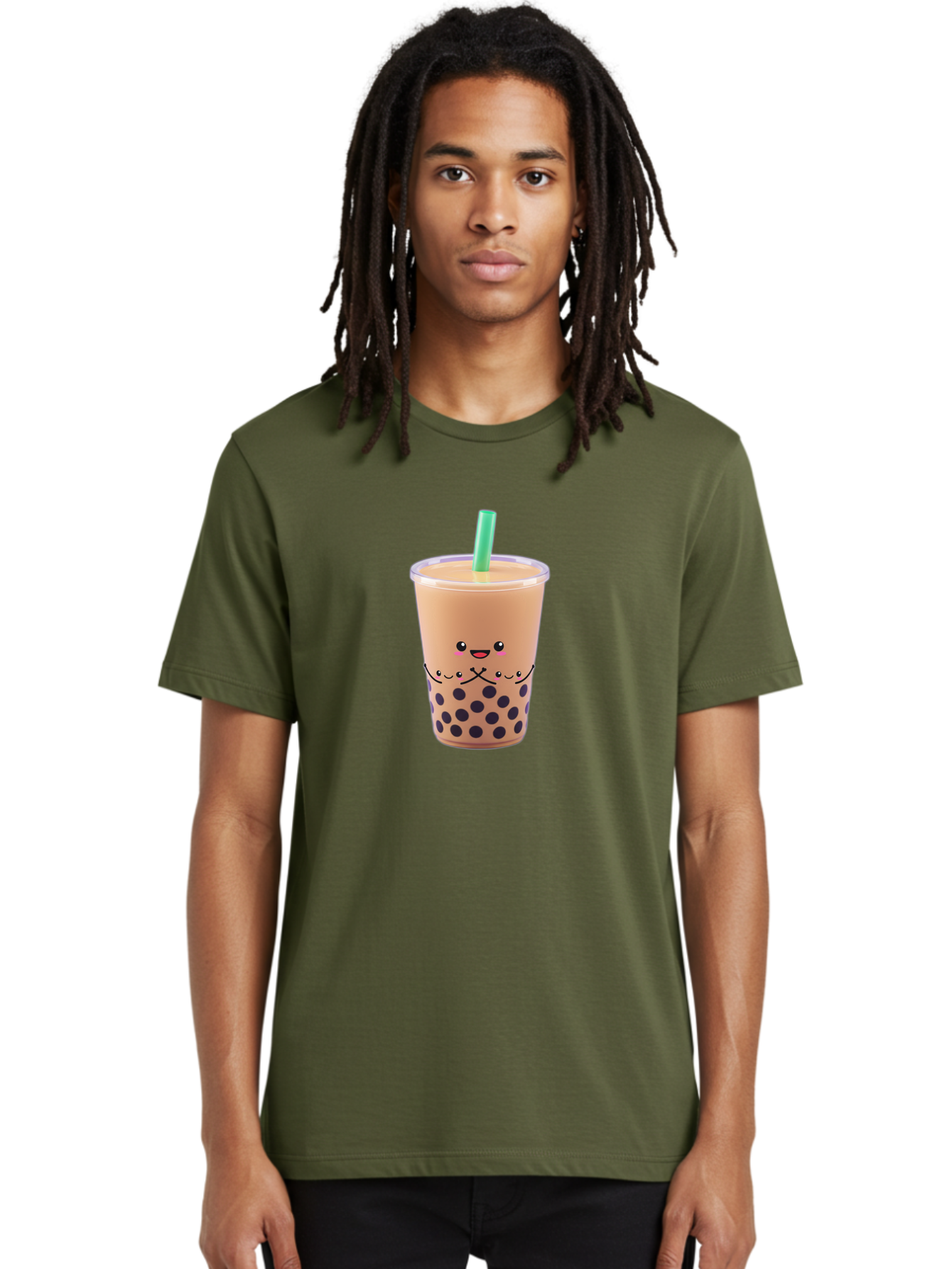 Bubble-Tea-3 Men'S Graphic Tee, 100% Cotton, Comfortable Casual Summer Wear, Machine Washable, Bubble Tea, Smiling Face, Cartoon Character, Milk Tea, Boba Drink, Tea With Straw, Adorable Design, Funny Illustration, Kawaii Culture, Boba Tea, Bac705