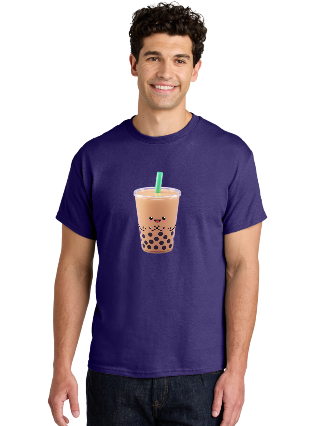 Bubble-Tea-3 Men'S Graphic Tee, 100% Cotton, Comfortable Casual Summer Wear, Machine Washable, Bubble Tea, Smiling Face, Cartoon Character, Milk Tea, Boba Drink, Tea With Straw, Adorable Design, Funny Illustration, Kawaii Culture, Boba Tea, Bac705