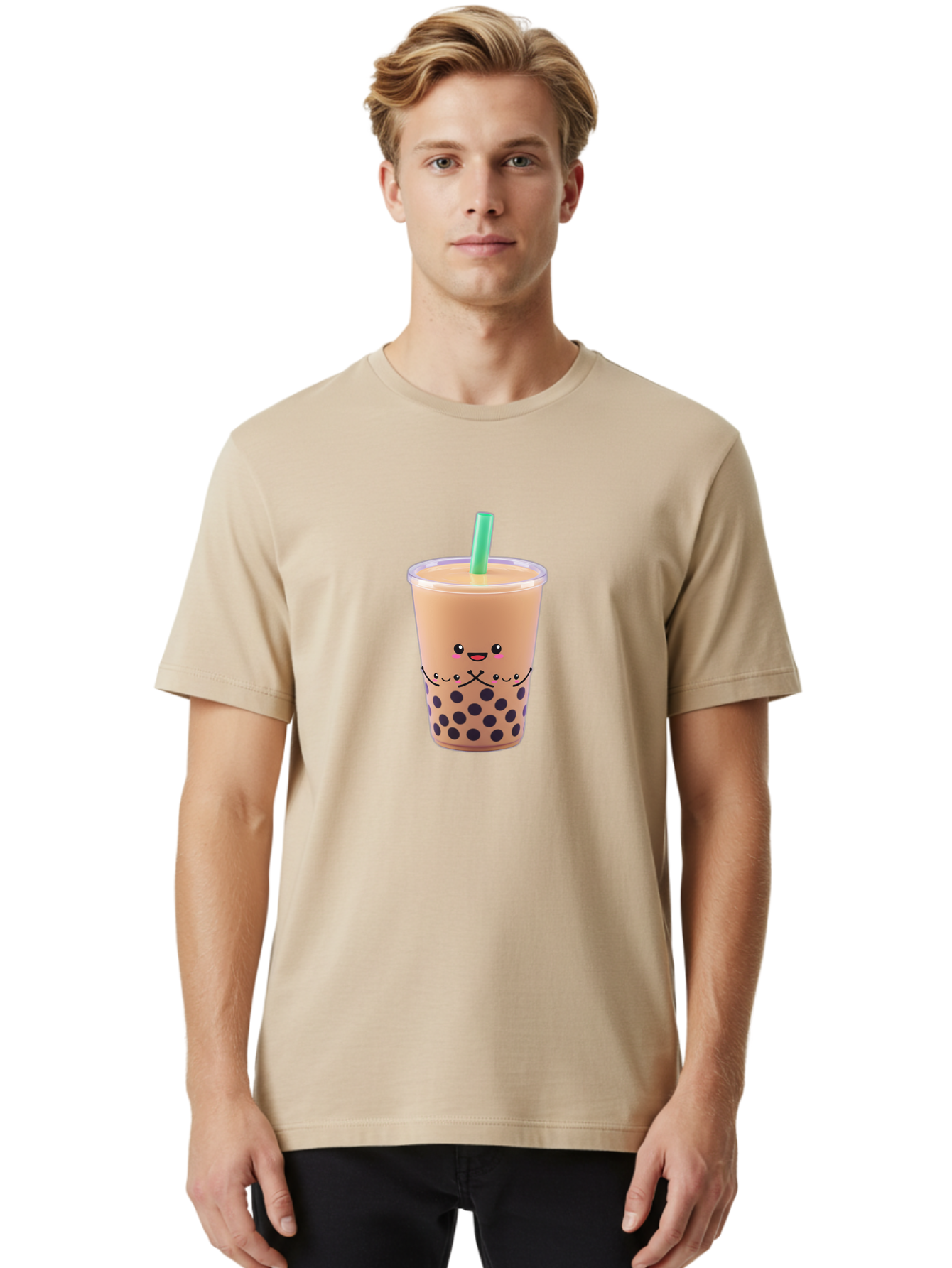 Bubble-Tea-3 Men'S Graphic Tee, 100% Cotton, Comfortable Casual Summer Wear, Machine Washable, Bubble Tea, Smiling Face, Cartoon Character, Milk Tea, Boba Drink, Tea With Straw, Adorable Design, Funny Illustration, Kawaii Culture, Boba Tea, Bac705