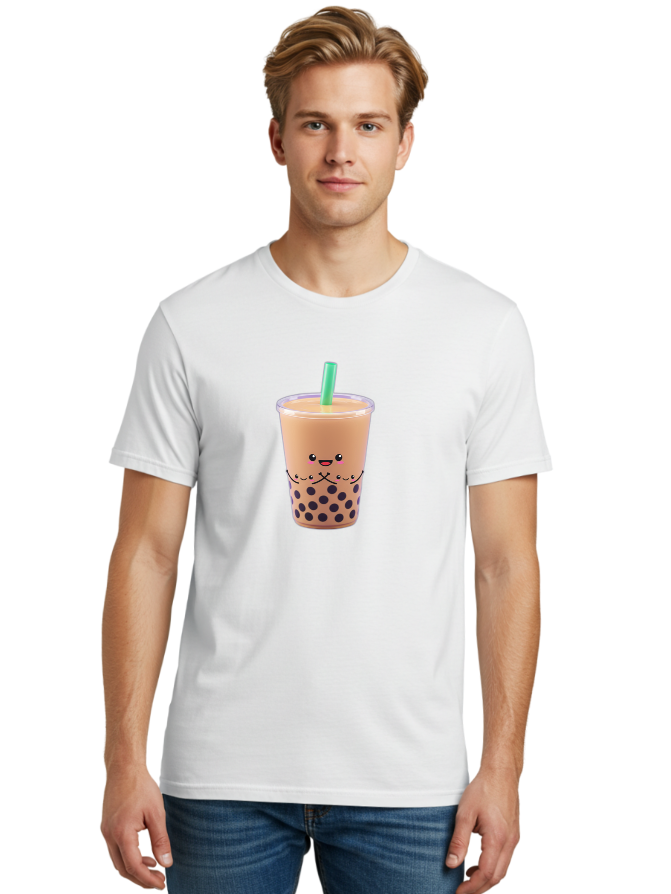 Bubble-Tea-3 Men'S Graphic Tee, 100% Cotton, Comfortable Casual Summer Wear, Machine Washable, Bubble Tea, Smiling Face, Cartoon Character, Milk Tea, Boba Drink, Tea With Straw, Adorable Design, Funny Illustration, Kawaii Culture, Boba Tea, Bac705