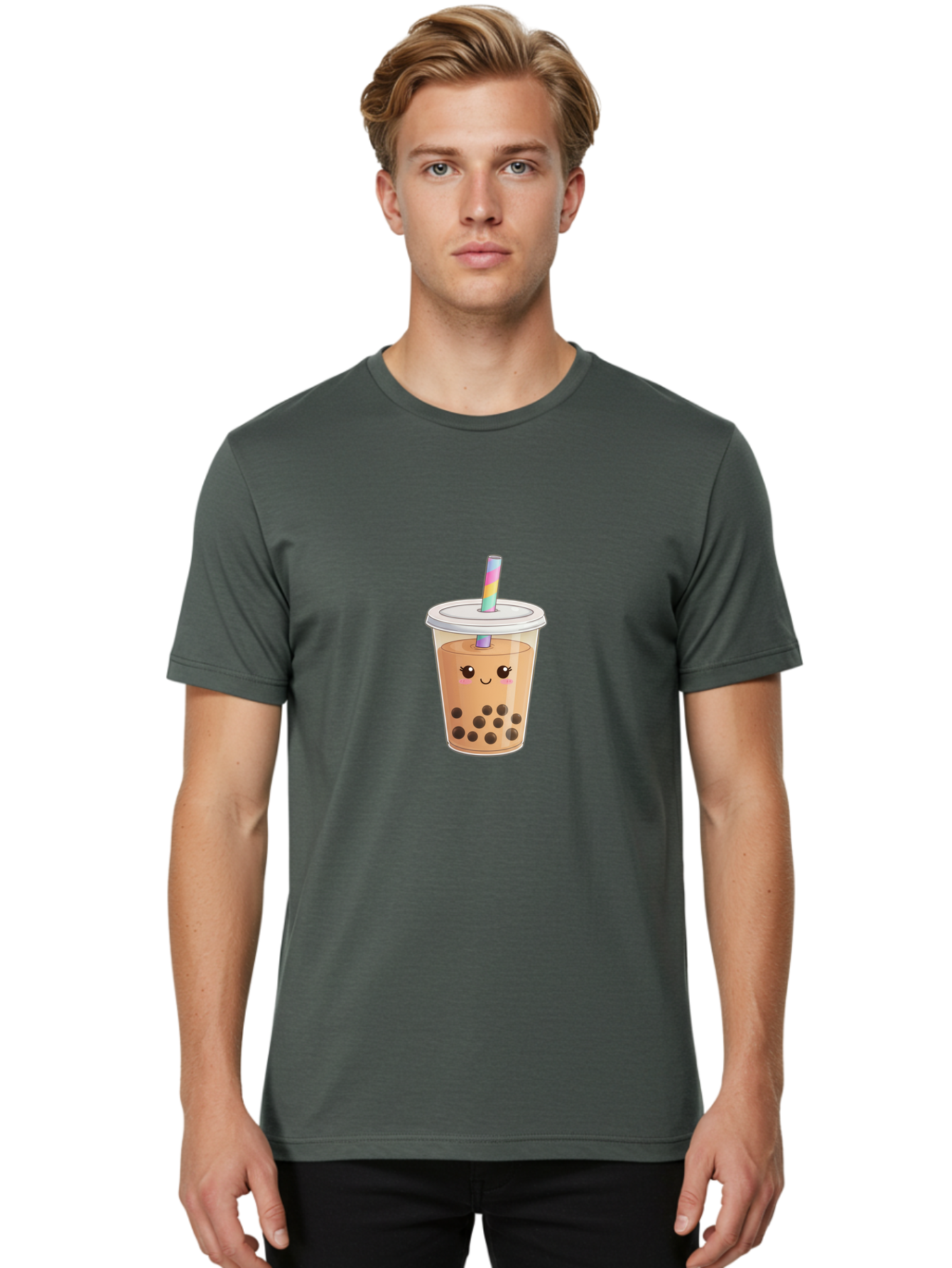 Bubble-Tea-4 Men'S Graphic Tee, 100% Cotton, Comfortable Casual Summer Wear, Machine Washable, Cute Boba Drink, Bubble Tea, Kawaii, Cartoon Beverage, Fun Straw, Adorable Face, Milk Tea, Tapioca Pearls, Smiling Drink, Playful Beverage, Bac706
