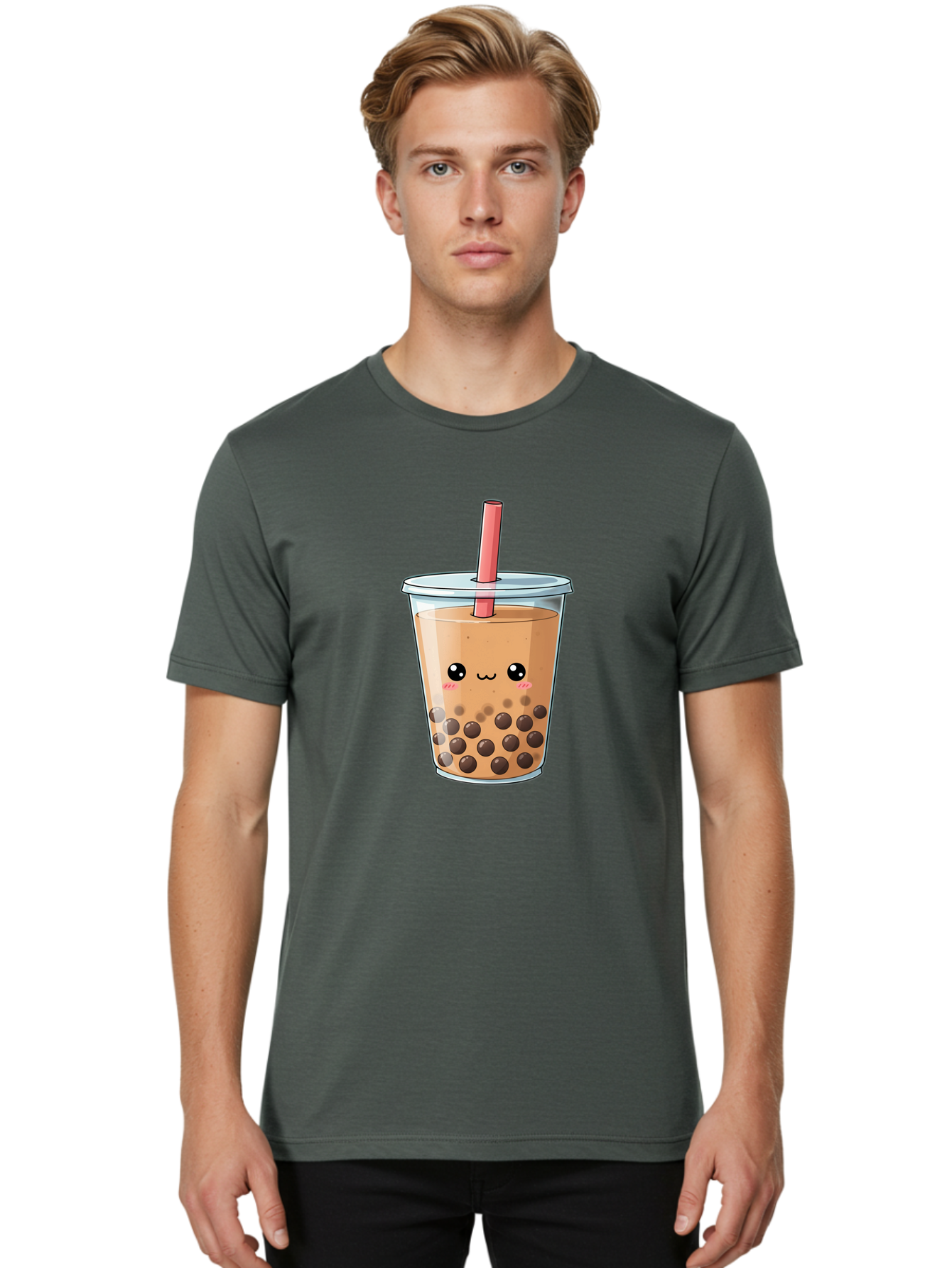 Bubble-Tea-5 Men'S Graphic Tee, 100% Cotton, Comfortable Casual Summer Wear, Machine Washable, Boba Tea, Milk Tea, Bubble Tea, Cute Drink, Cartoon Character, Adorable Face, Happy Expression, Brown Bubbles, Pink Straw, Iced Tea, Tea Culture, Bac707