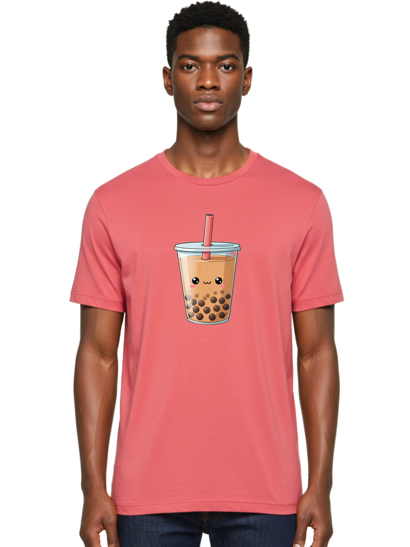 Bubble-Tea-5 Men'S Graphic Tee, 100% Cotton, Comfortable Casual Summer Wear, Machine Washable, Boba Tea, Milk Tea, Bubble Tea, Cute Drink, Cartoon Character, Adorable Face, Happy Expression, Brown Bubbles, Pink Straw, Iced Tea, Tea Culture, Bac707