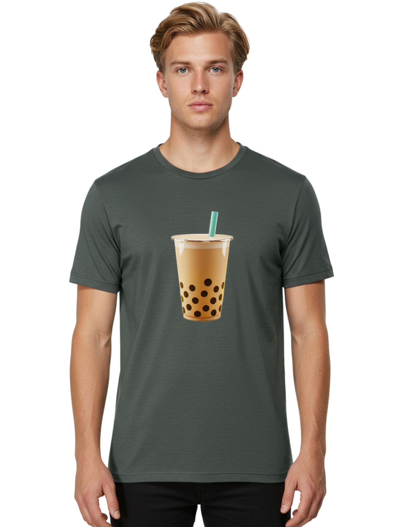 Bubble-Tea-7 Men'S Graphic Tee, 100% Cotton, Comfortable Casual Summer Wear, Machine Washable, Bubble Milk Tea, Boba Drink, Iced Tea, Creamy Texture, Black Tapioca Pearls, Takeout Cup, Blue Straw, Refreshing Beverage, Popular Drink Bac709