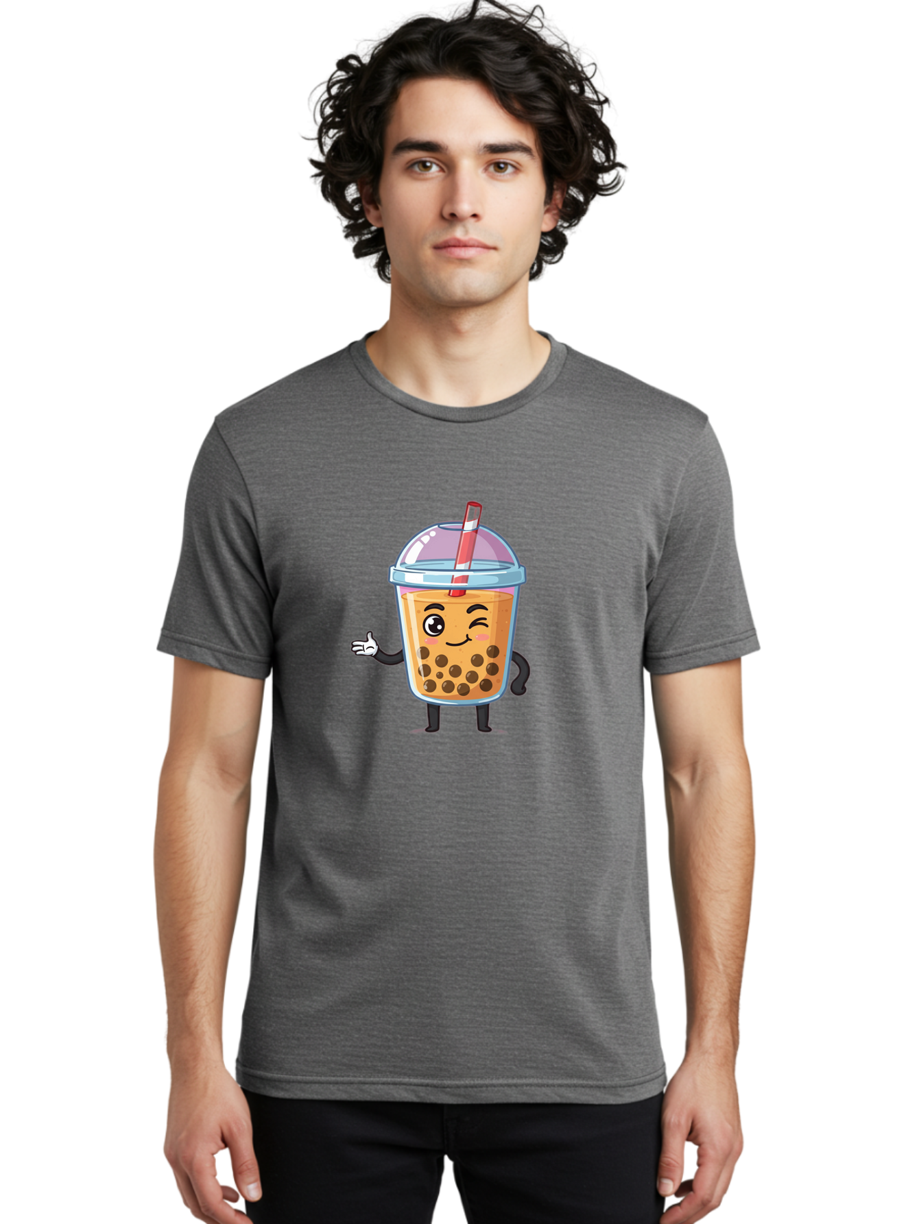 Bubble-Tea-Character Men'S Graphic Tee, 100% Cotton, Comfortable Casual Summer Wear, Machine Washable, Bubble Tea, Boba Drink, Cartoon Character, Cute Mascot, Smiling Face, Winking Eye, Straw, Boba Balls, Tea Cup, Drink Straw, Happy Face, Bac712