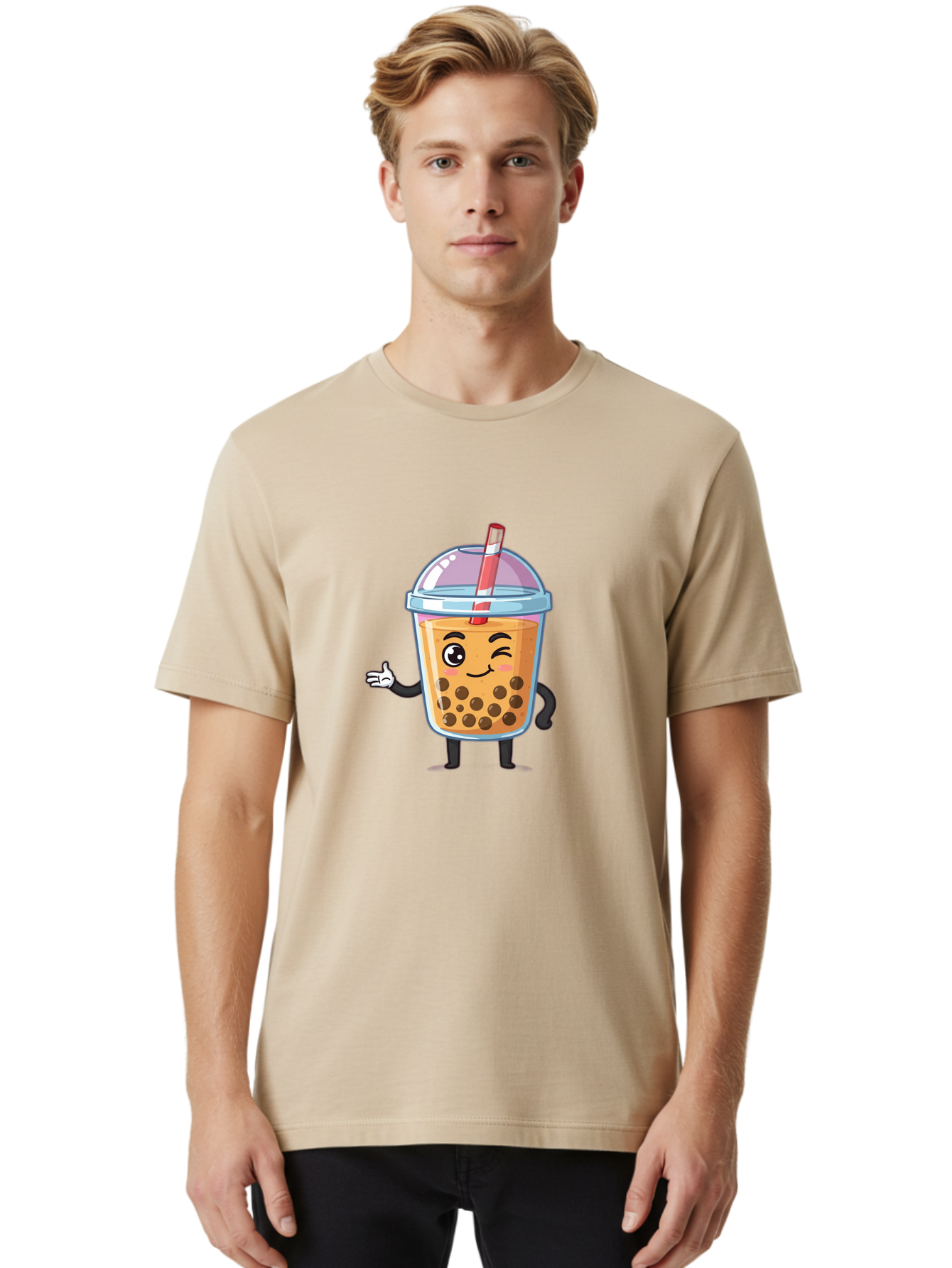 Bubble-Tea-Character Men'S Graphic Tee, 100% Cotton, Comfortable Casual Summer Wear, Machine Washable, Bubble Tea, Boba Drink, Cartoon Character, Cute Mascot, Smiling Face, Winking Eye, Straw, Boba Balls, Tea Cup, Drink Straw, Happy Face, Bac712