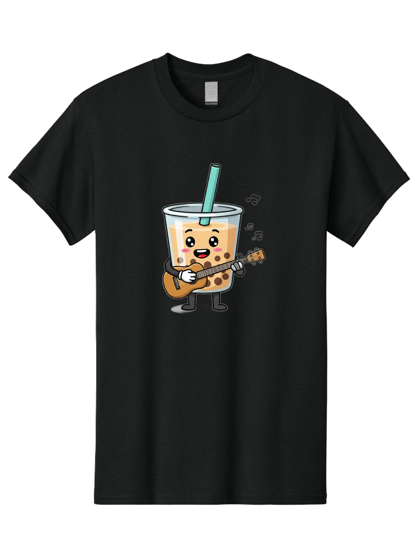 Bubble-Tea-With-Ukulele Men'S Graphic Tee, 100% Cotton, Comfortable Casual Summer Wear, Machine Washable, Boba Tea Playing Guitar, Cute Cartoon Character, Bubble Tea Mascot, Music Lover, Fun Beverage, Kawaii, Milk Tea, Quirky Illustration Bac713