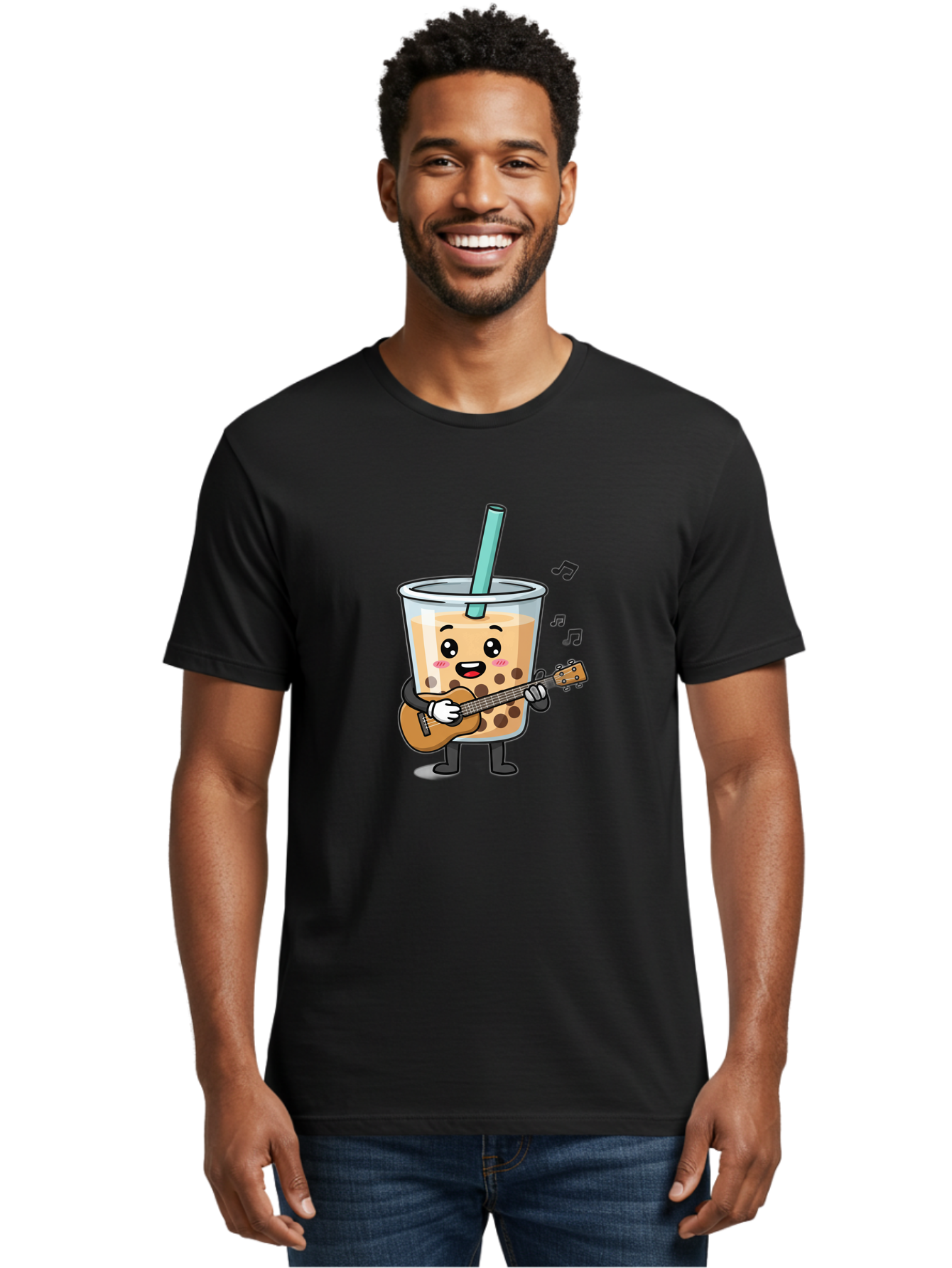 Bubble-Tea-With-Ukulele Men'S Graphic Tee, 100% Cotton, Comfortable Casual Summer Wear, Machine Washable, Boba Tea Playing Guitar, Cute Cartoon Character, Bubble Tea Mascot, Music Lover, Fun Beverage, Kawaii, Milk Tea, Quirky Illustration Bac713