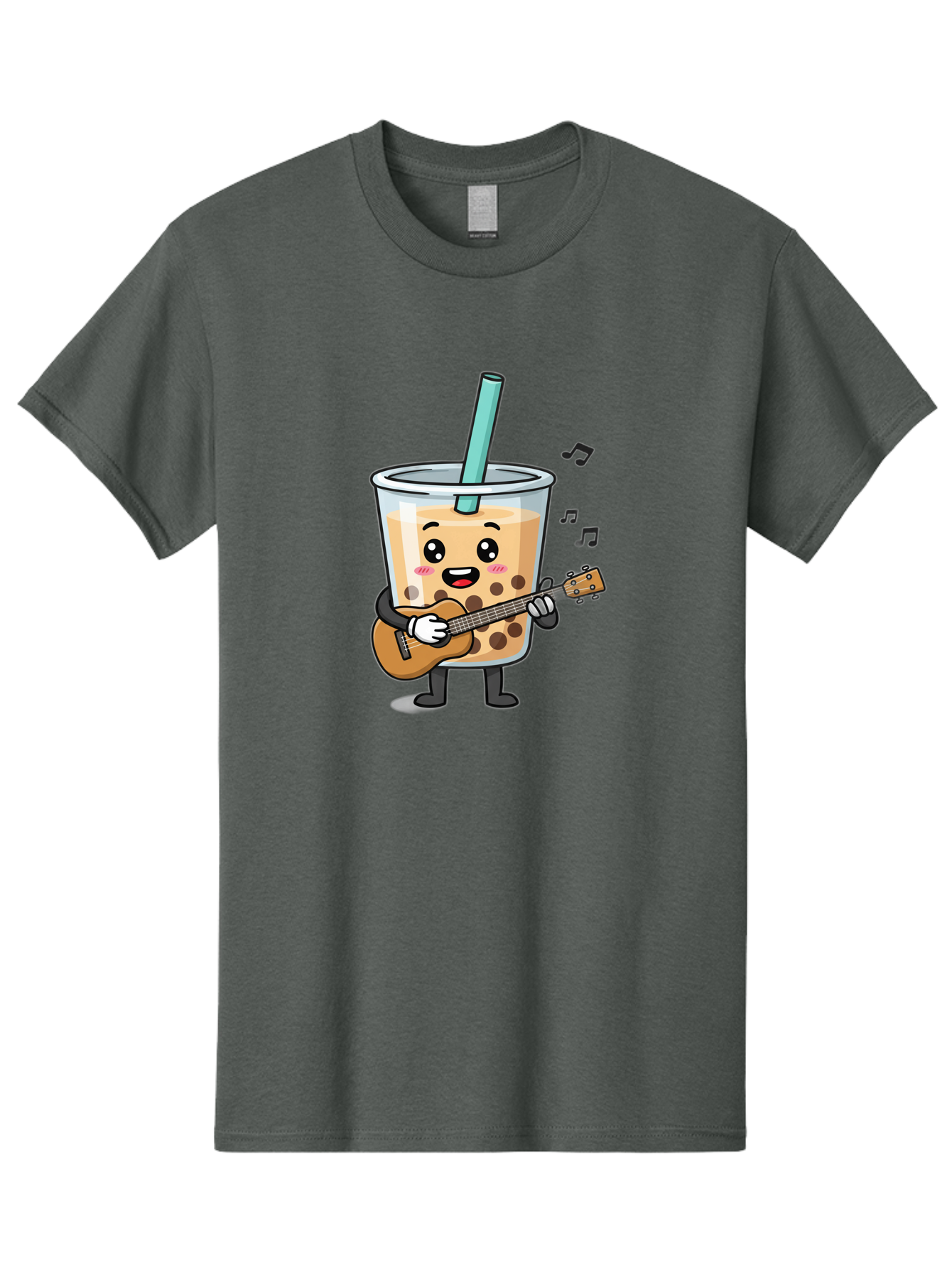 Bubble-Tea-With-Ukulele Men'S Graphic Tee, 100% Cotton, Comfortable Casual Summer Wear, Machine Washable, Boba Tea Playing Guitar, Cute Cartoon Character, Bubble Tea Mascot, Music Lover, Fun Beverage, Kawaii, Milk Tea, Quirky Illustration Bac713