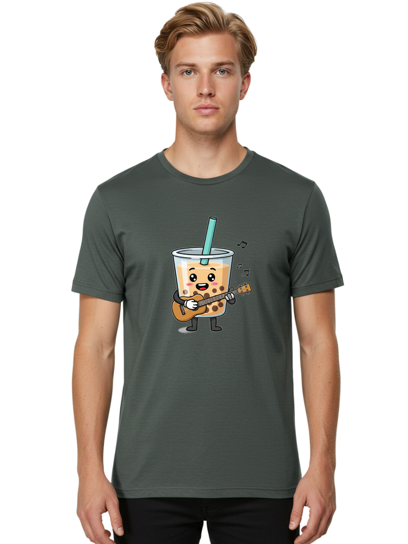Bubble-Tea-With-Ukulele Men'S Graphic Tee, 100% Cotton, Comfortable Casual Summer Wear, Machine Washable, Boba Tea Playing Guitar, Cute Cartoon Character, Bubble Tea Mascot, Music Lover, Fun Beverage, Kawaii, Milk Tea, Quirky Illustration Bac713