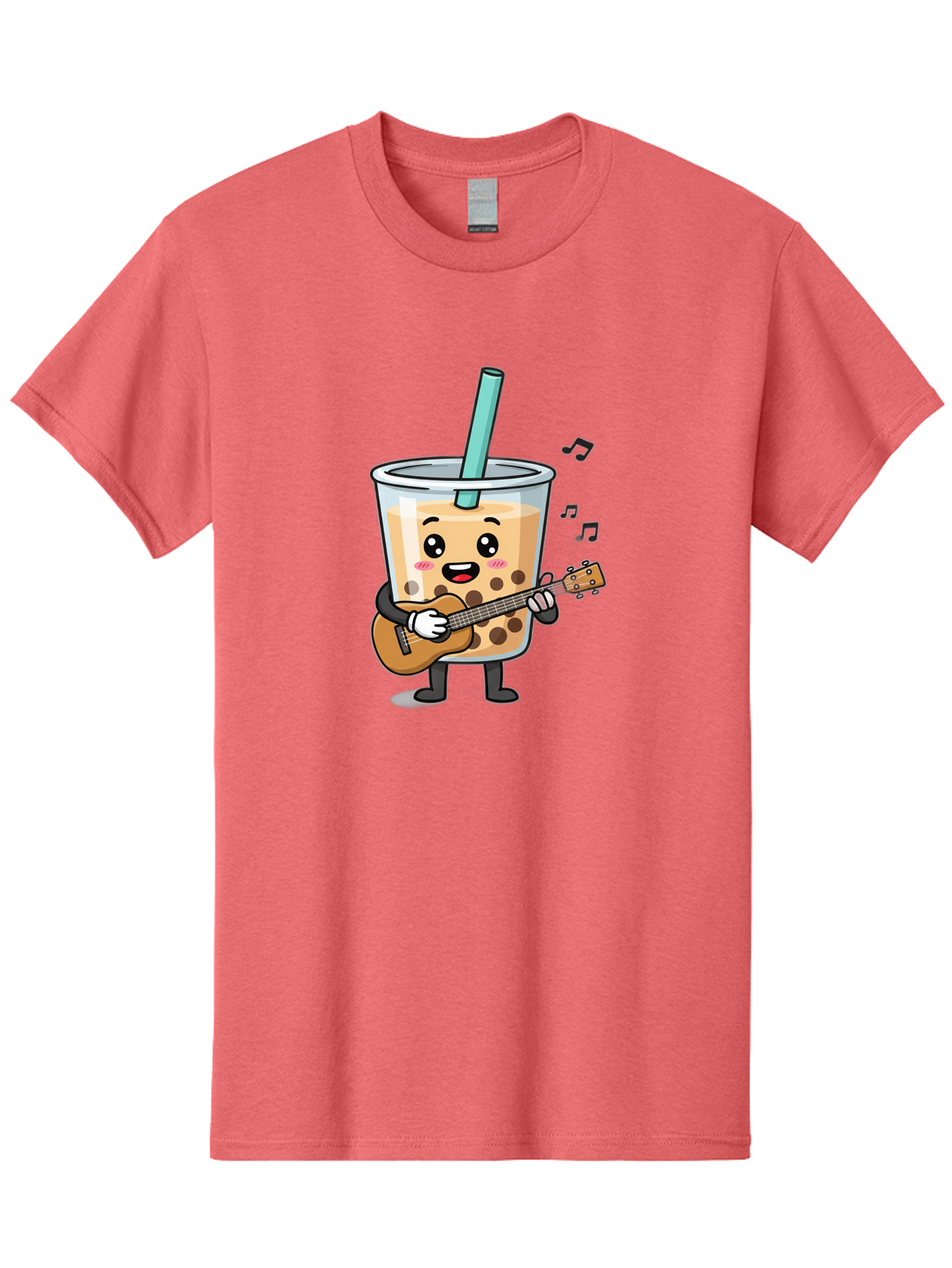 Bubble-Tea-With-Ukulele Men'S Graphic Tee, 100% Cotton, Comfortable Casual Summer Wear, Machine Washable, Boba Tea Playing Guitar, Cute Cartoon Character, Bubble Tea Mascot, Music Lover, Fun Beverage, Kawaii, Milk Tea, Quirky Illustration Bac713