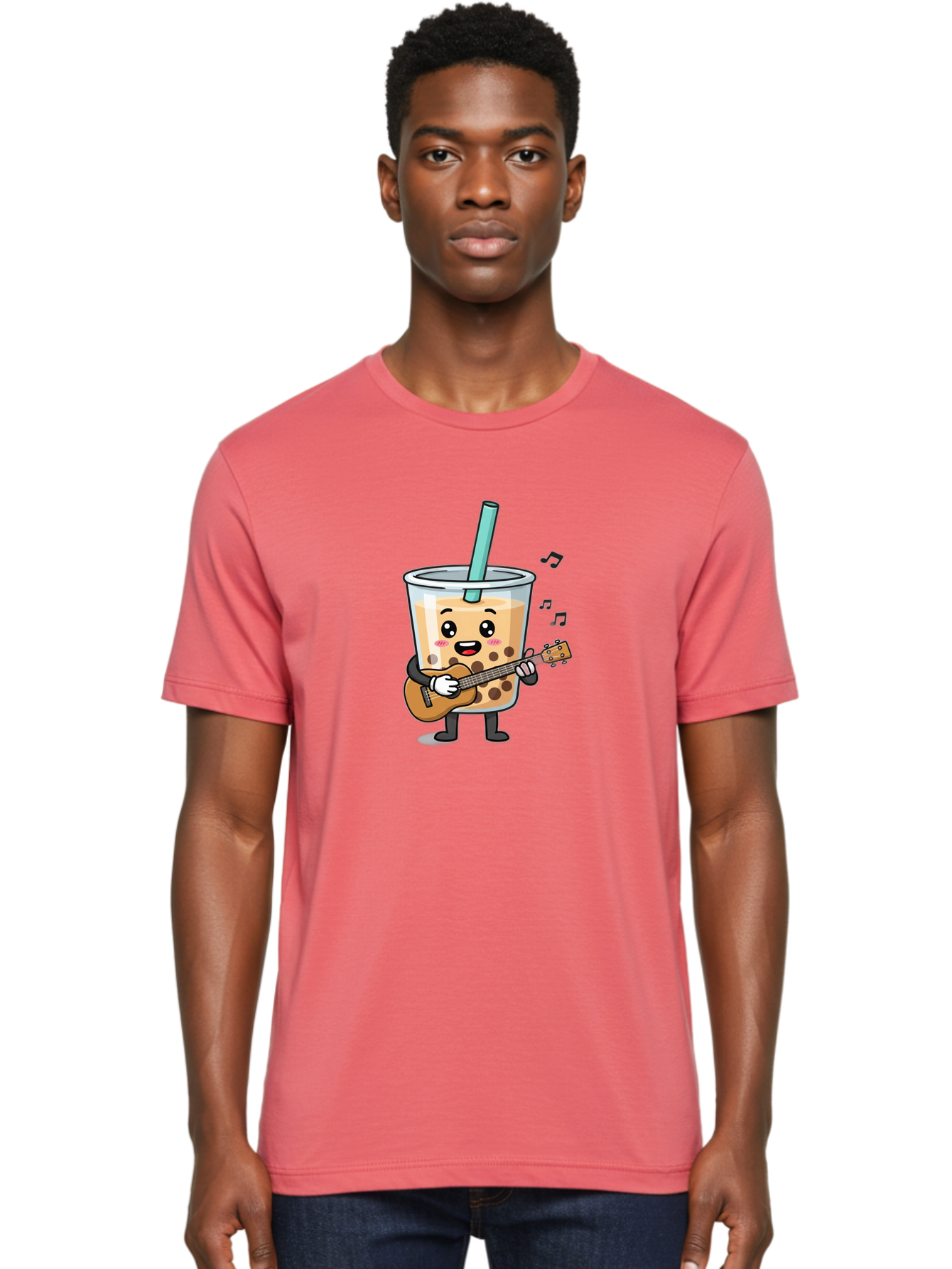 Bubble-Tea-With-Ukulele Men'S Graphic Tee, 100% Cotton, Comfortable Casual Summer Wear, Machine Washable, Boba Tea Playing Guitar, Cute Cartoon Character, Bubble Tea Mascot, Music Lover, Fun Beverage, Kawaii, Milk Tea, Quirky Illustration Bac713