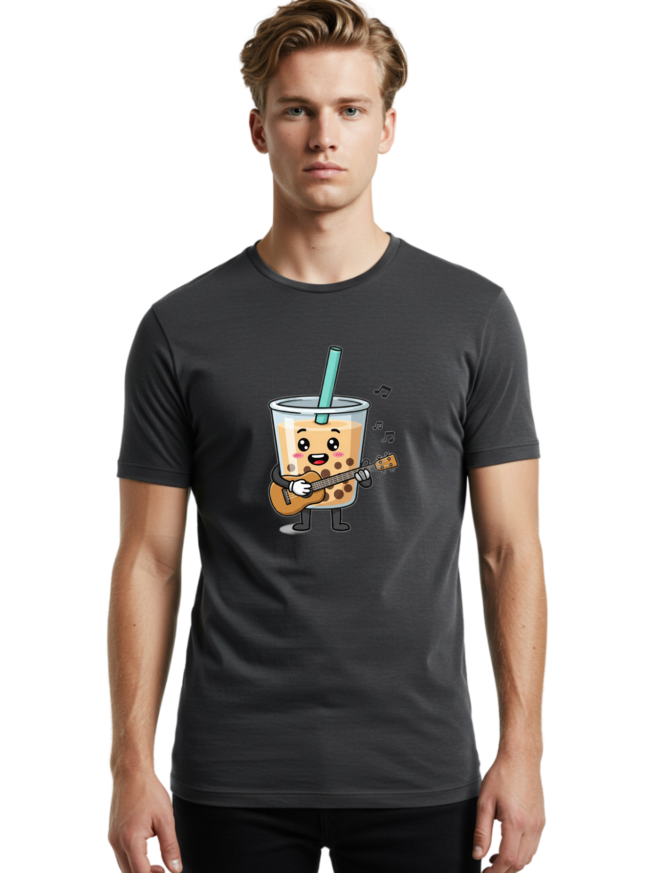 Bubble-Tea-With-Ukulele Men'S Graphic Tee, 100% Cotton, Comfortable Casual Summer Wear, Machine Washable, Boba Tea Playing Guitar, Cute Cartoon Character, Bubble Tea Mascot, Music Lover, Fun Beverage, Kawaii, Milk Tea, Quirky Illustration Bac713
