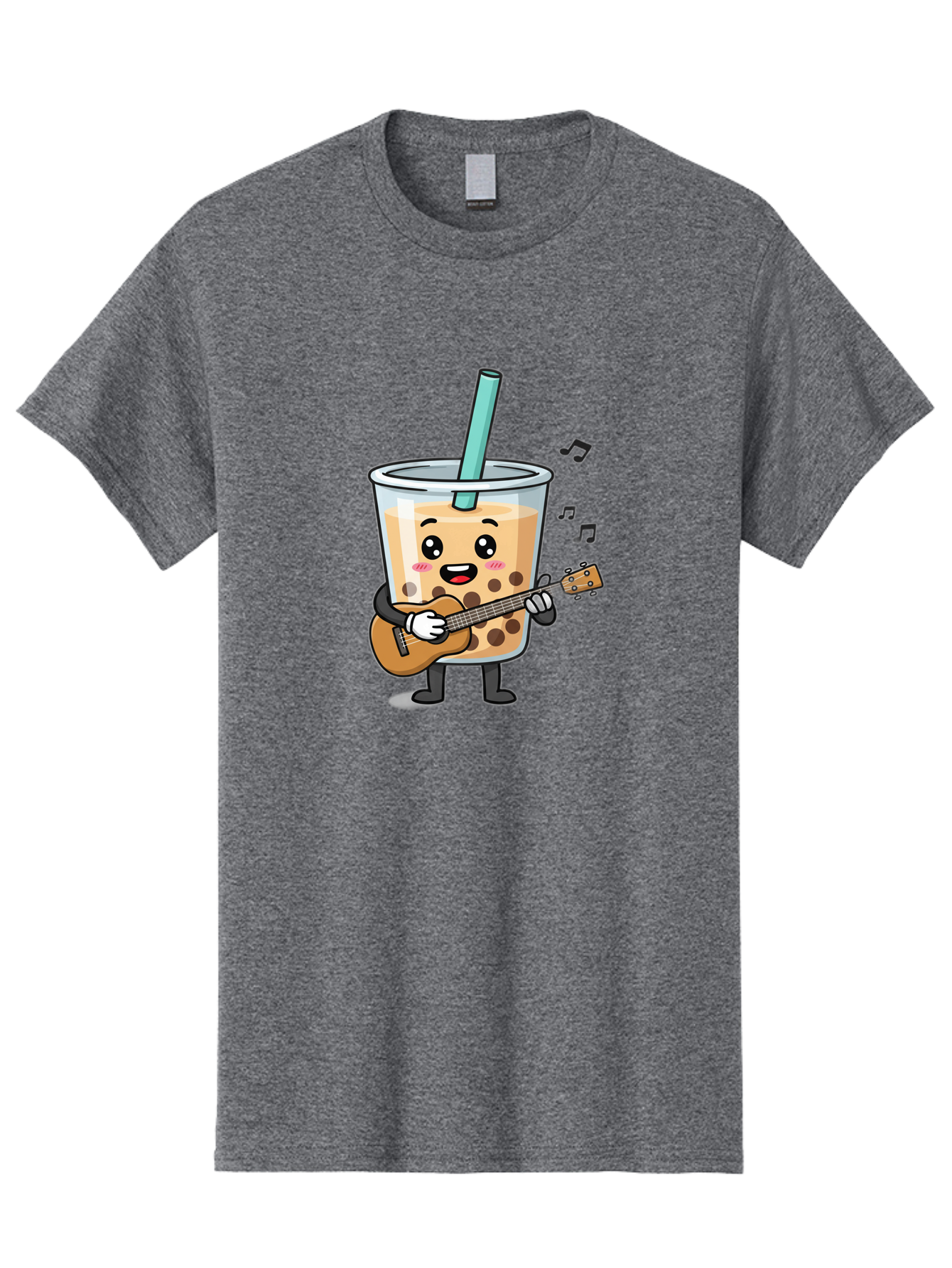 Bubble-Tea-With-Ukulele Men'S Graphic Tee, 100% Cotton, Comfortable Casual Summer Wear, Machine Washable, Boba Tea Playing Guitar, Cute Cartoon Character, Bubble Tea Mascot, Music Lover, Fun Beverage, Kawaii, Milk Tea, Quirky Illustration Bac713