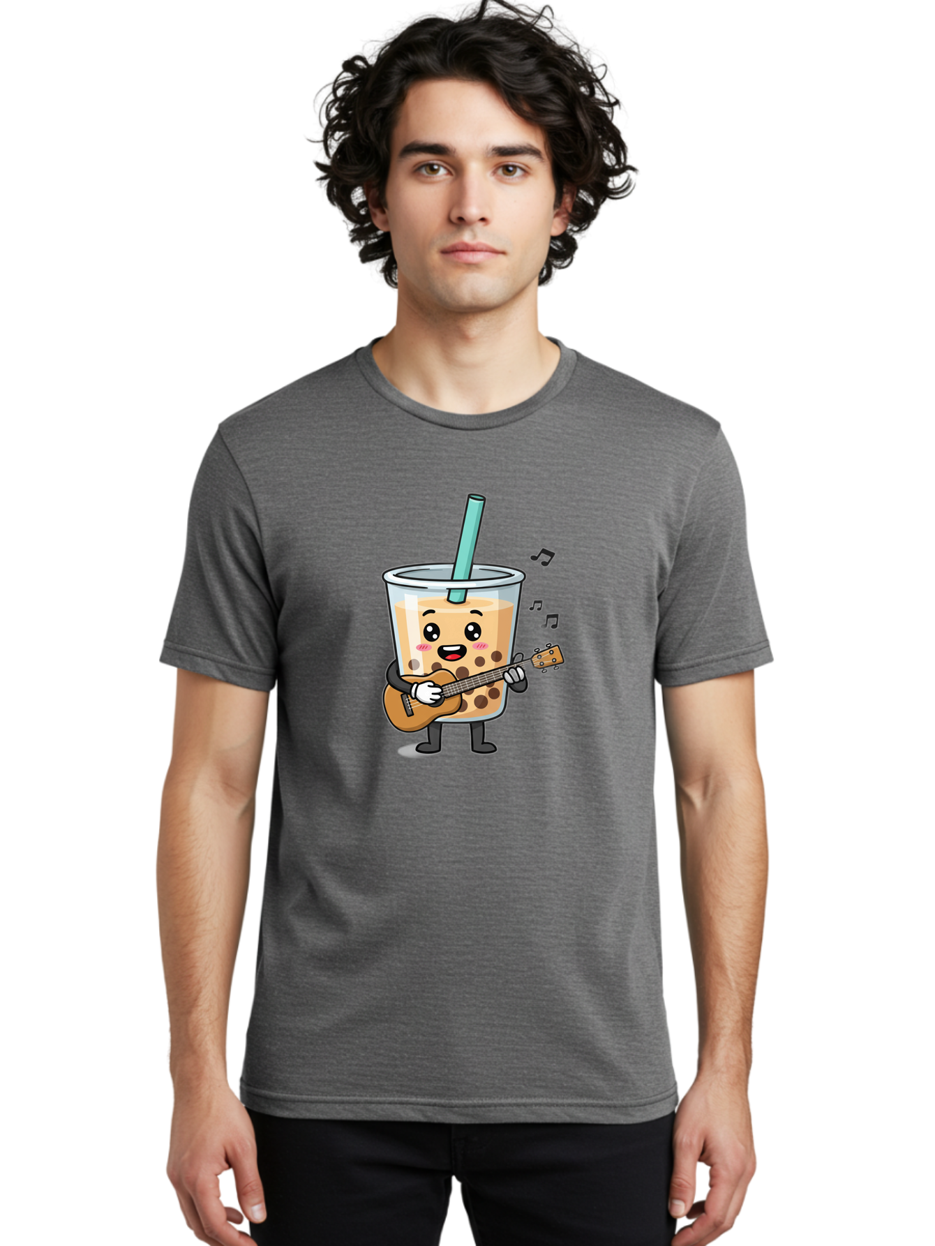 Bubble-Tea-With-Ukulele Men'S Graphic Tee, 100% Cotton, Comfortable Casual Summer Wear, Machine Washable, Boba Tea Playing Guitar, Cute Cartoon Character, Bubble Tea Mascot, Music Lover, Fun Beverage, Kawaii, Milk Tea, Quirky Illustration Bac713