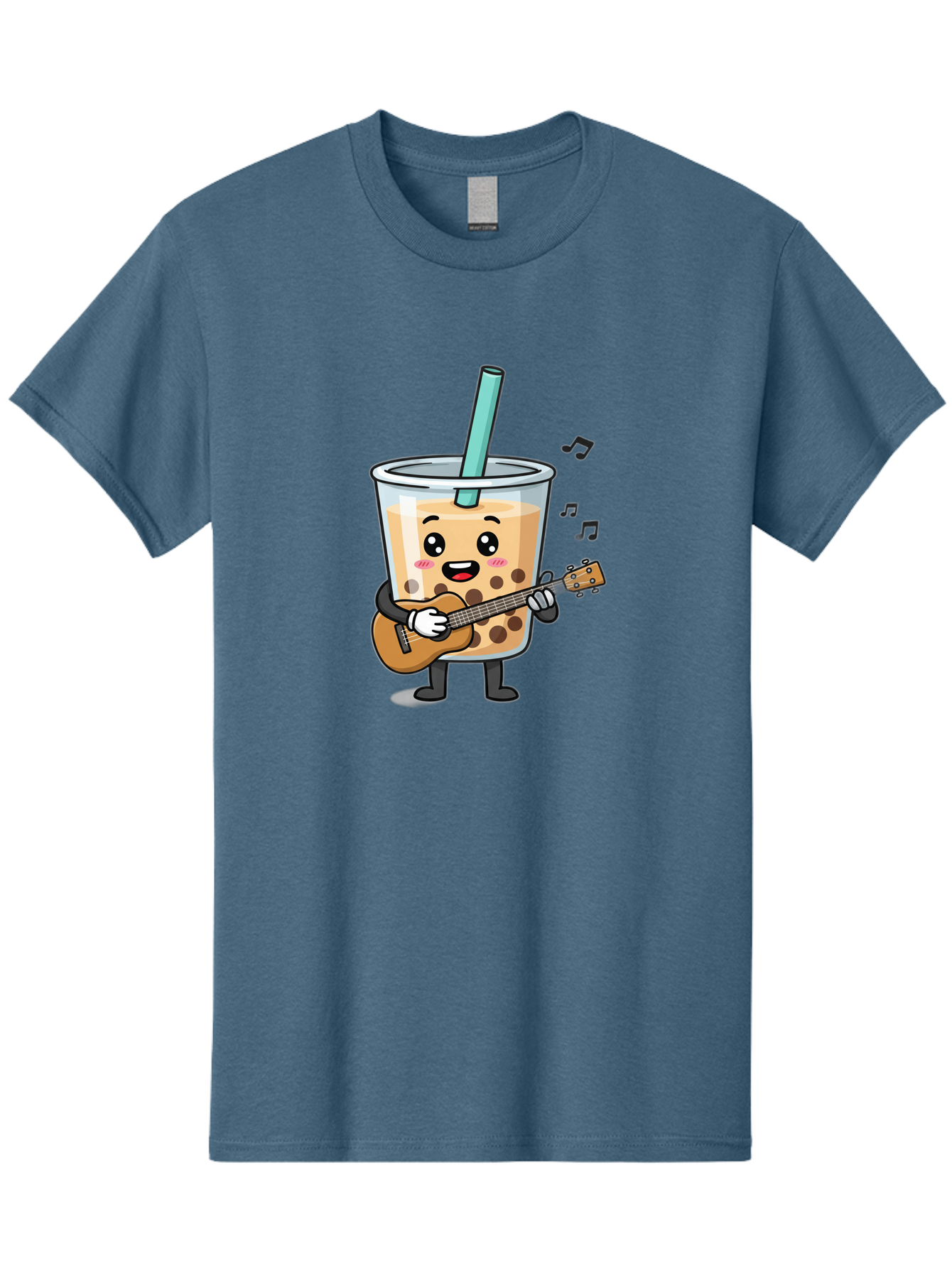 Bubble-Tea-With-Ukulele Men'S Graphic Tee, 100% Cotton, Comfortable Casual Summer Wear, Machine Washable, Boba Tea Playing Guitar, Cute Cartoon Character, Bubble Tea Mascot, Music Lover, Fun Beverage, Kawaii, Milk Tea, Quirky Illustration Bac713