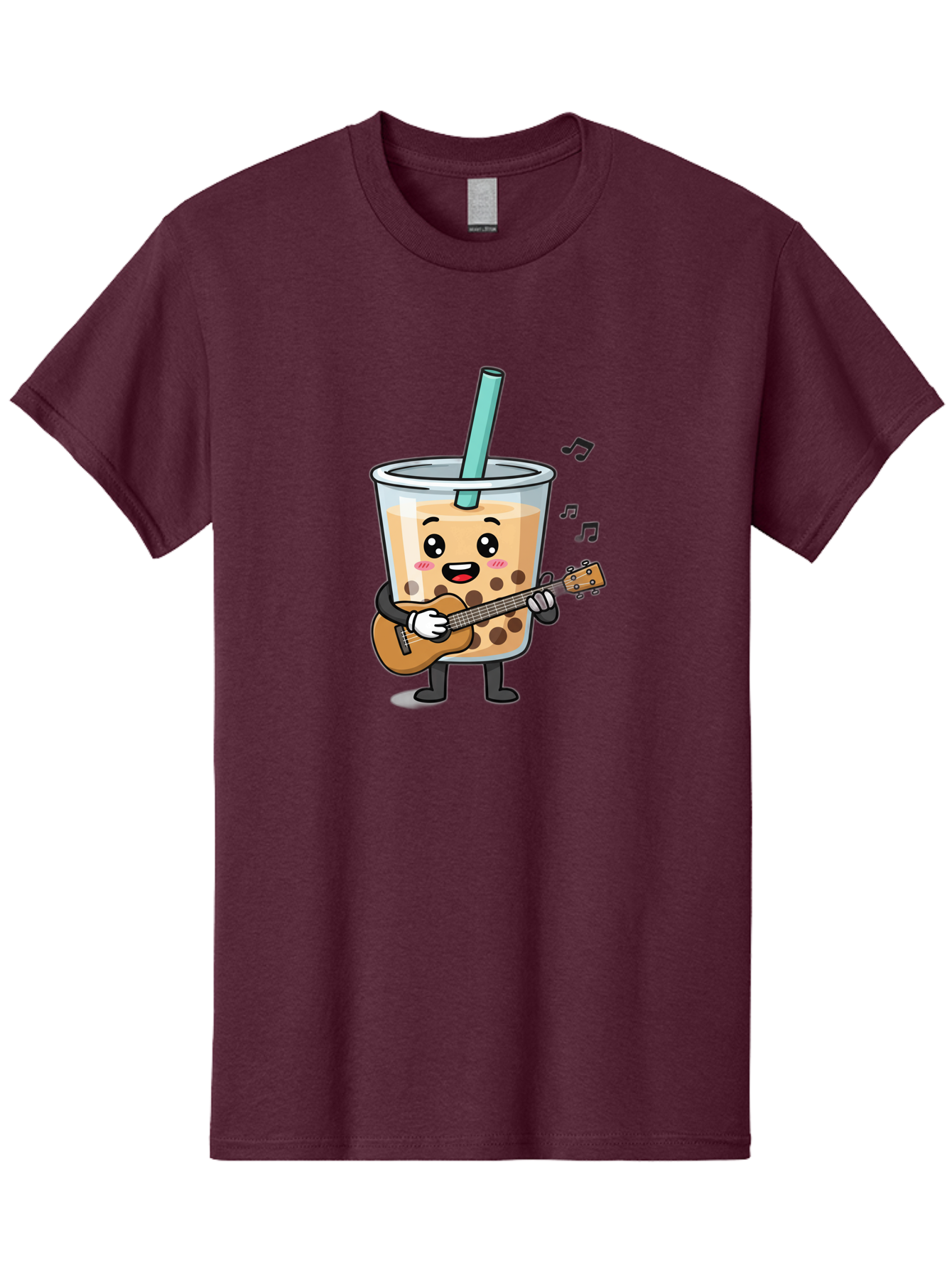 Bubble-Tea-With-Ukulele Men'S Graphic Tee, 100% Cotton, Comfortable Casual Summer Wear, Machine Washable, Boba Tea Playing Guitar, Cute Cartoon Character, Bubble Tea Mascot, Music Lover, Fun Beverage, Kawaii, Milk Tea, Quirky Illustration Bac713