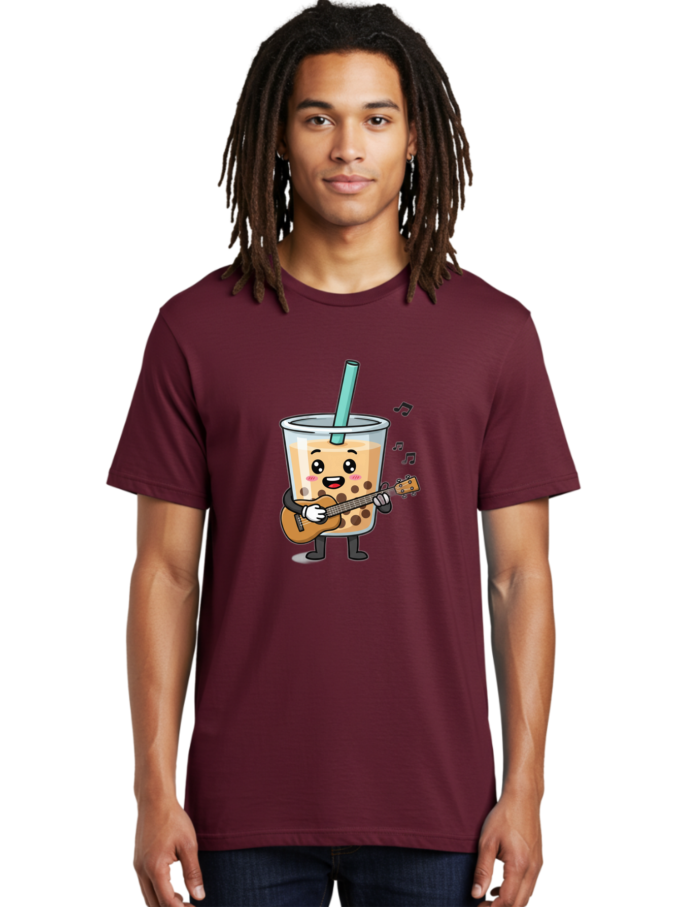 Bubble-Tea-With-Ukulele Men'S Graphic Tee, 100% Cotton, Comfortable Casual Summer Wear, Machine Washable, Boba Tea Playing Guitar, Cute Cartoon Character, Bubble Tea Mascot, Music Lover, Fun Beverage, Kawaii, Milk Tea, Quirky Illustration Bac713