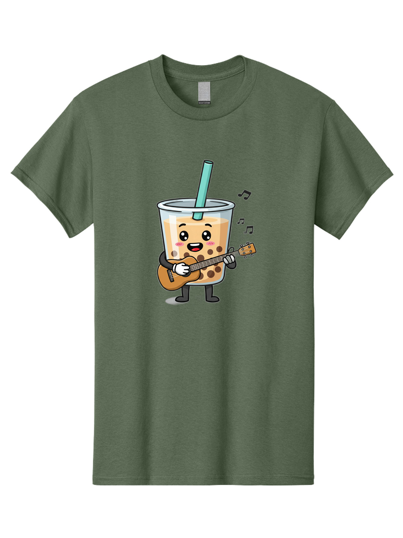 Bubble-Tea-With-Ukulele Men'S Graphic Tee, 100% Cotton, Comfortable Casual Summer Wear, Machine Washable, Boba Tea Playing Guitar, Cute Cartoon Character, Bubble Tea Mascot, Music Lover, Fun Beverage, Kawaii, Milk Tea, Quirky Illustration Bac713