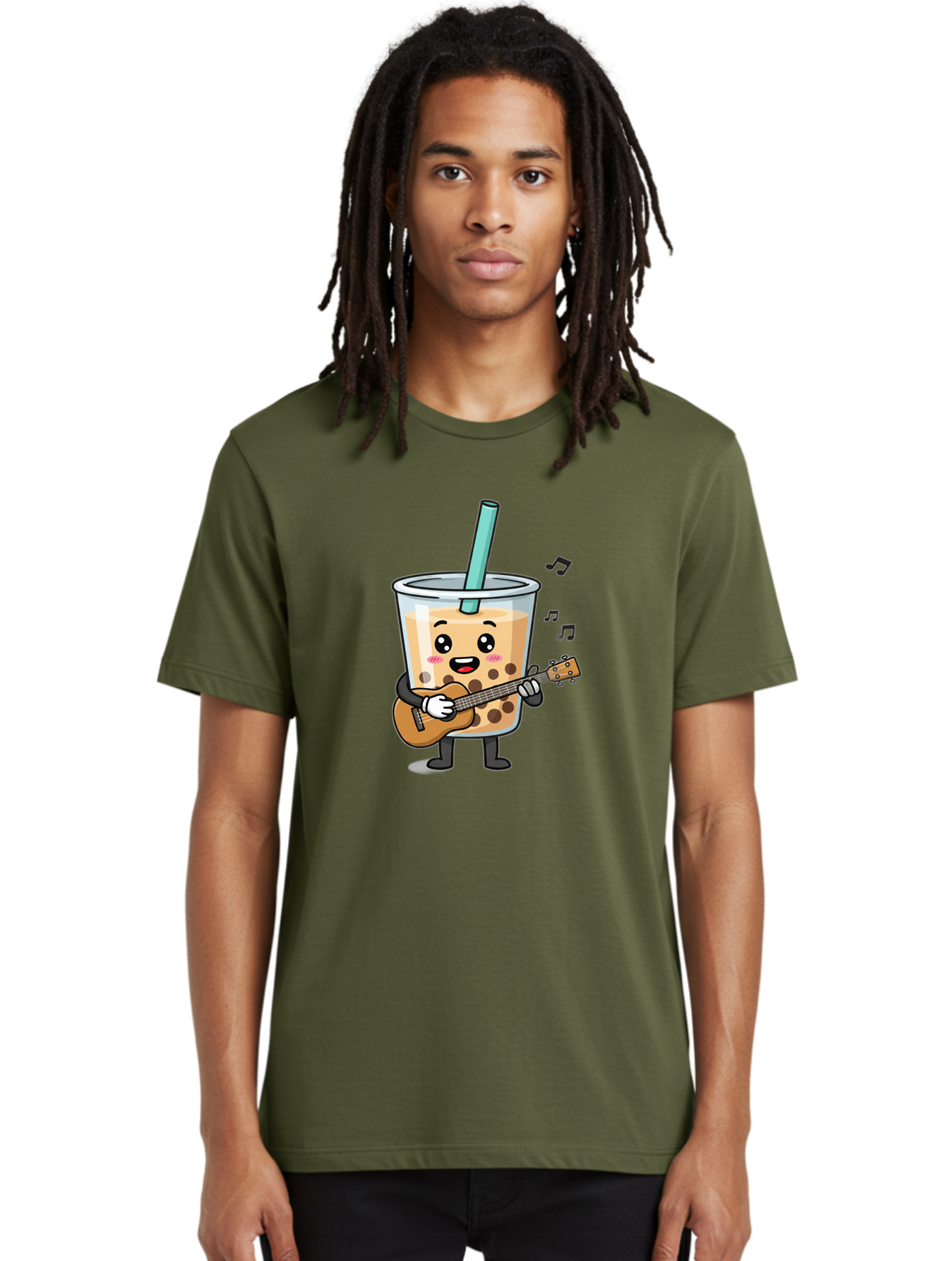 Bubble-Tea-With-Ukulele Men'S Graphic Tee, 100% Cotton, Comfortable Casual Summer Wear, Machine Washable, Boba Tea Playing Guitar, Cute Cartoon Character, Bubble Tea Mascot, Music Lover, Fun Beverage, Kawaii, Milk Tea, Quirky Illustration Bac713