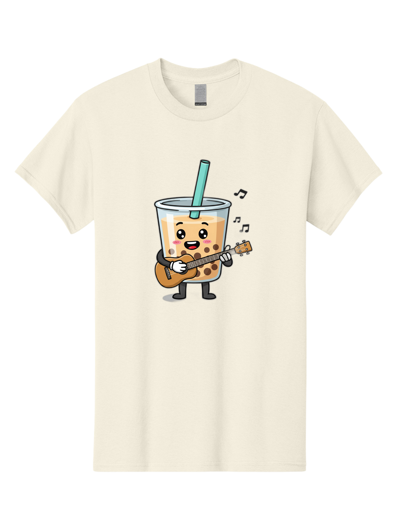 Bubble-Tea-With-Ukulele Men'S Graphic Tee, 100% Cotton, Comfortable Casual Summer Wear, Machine Washable, Boba Tea Playing Guitar, Cute Cartoon Character, Bubble Tea Mascot, Music Lover, Fun Beverage, Kawaii, Milk Tea, Quirky Illustration Bac713