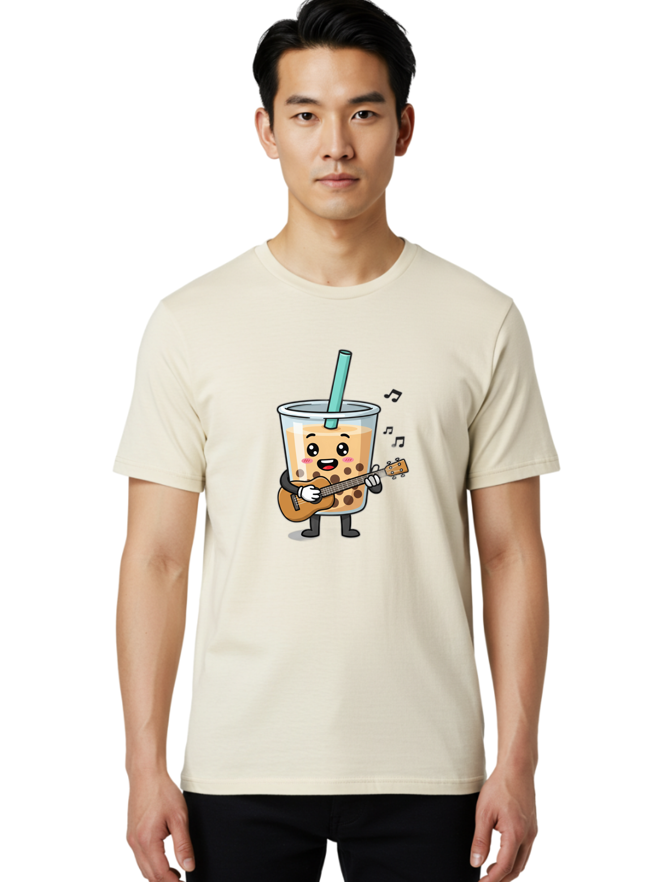 Bubble-Tea-With-Ukulele Men'S Graphic Tee, 100% Cotton, Comfortable Casual Summer Wear, Machine Washable, Boba Tea Playing Guitar, Cute Cartoon Character, Bubble Tea Mascot, Music Lover, Fun Beverage, Kawaii, Milk Tea, Quirky Illustration Bac713