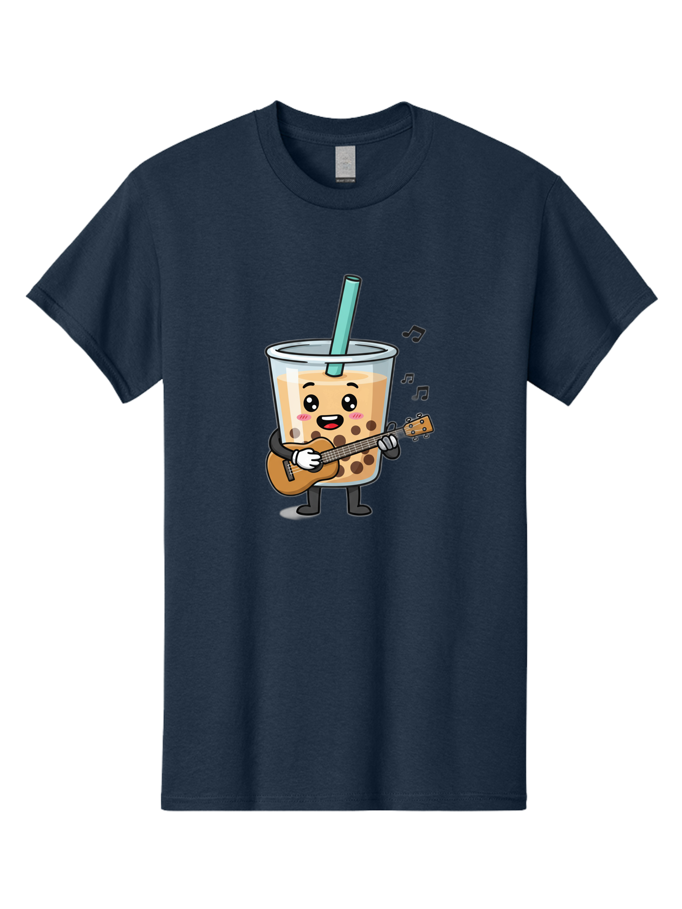 Bubble-Tea-With-Ukulele Men'S Graphic Tee, 100% Cotton, Comfortable Casual Summer Wear, Machine Washable, Boba Tea Playing Guitar, Cute Cartoon Character, Bubble Tea Mascot, Music Lover, Fun Beverage, Kawaii, Milk Tea, Quirky Illustration Bac713