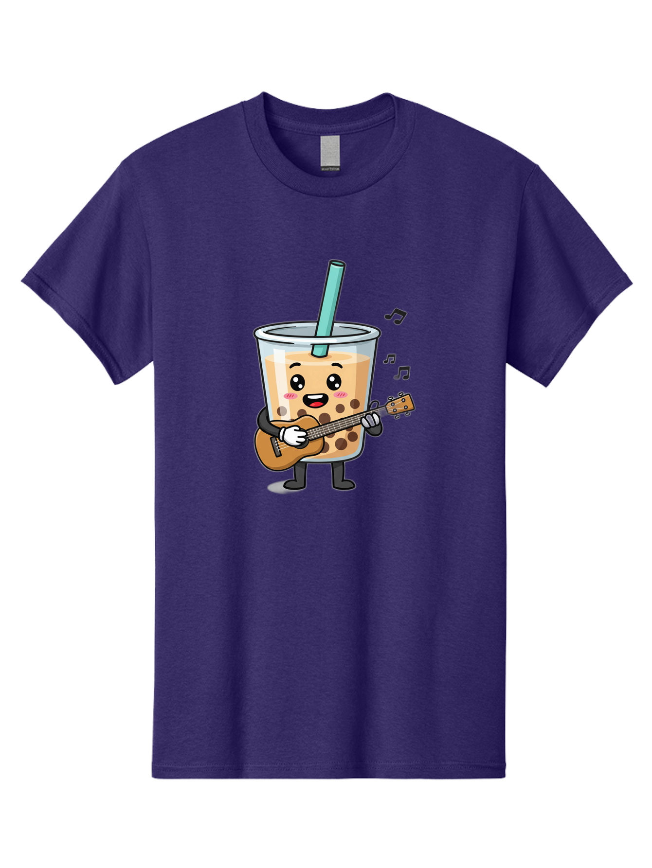 Bubble-Tea-With-Ukulele Men'S Graphic Tee, 100% Cotton, Comfortable Casual Summer Wear, Machine Washable, Boba Tea Playing Guitar, Cute Cartoon Character, Bubble Tea Mascot, Music Lover, Fun Beverage, Kawaii, Milk Tea, Quirky Illustration Bac713