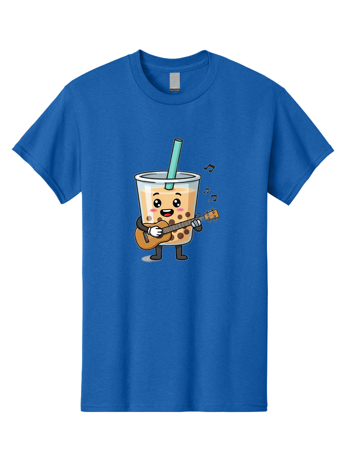 Bubble-Tea-With-Ukulele Men'S Graphic Tee, 100% Cotton, Comfortable Casual Summer Wear, Machine Washable, Boba Tea Playing Guitar, Cute Cartoon Character, Bubble Tea Mascot, Music Lover, Fun Beverage, Kawaii, Milk Tea, Quirky Illustration Bac713