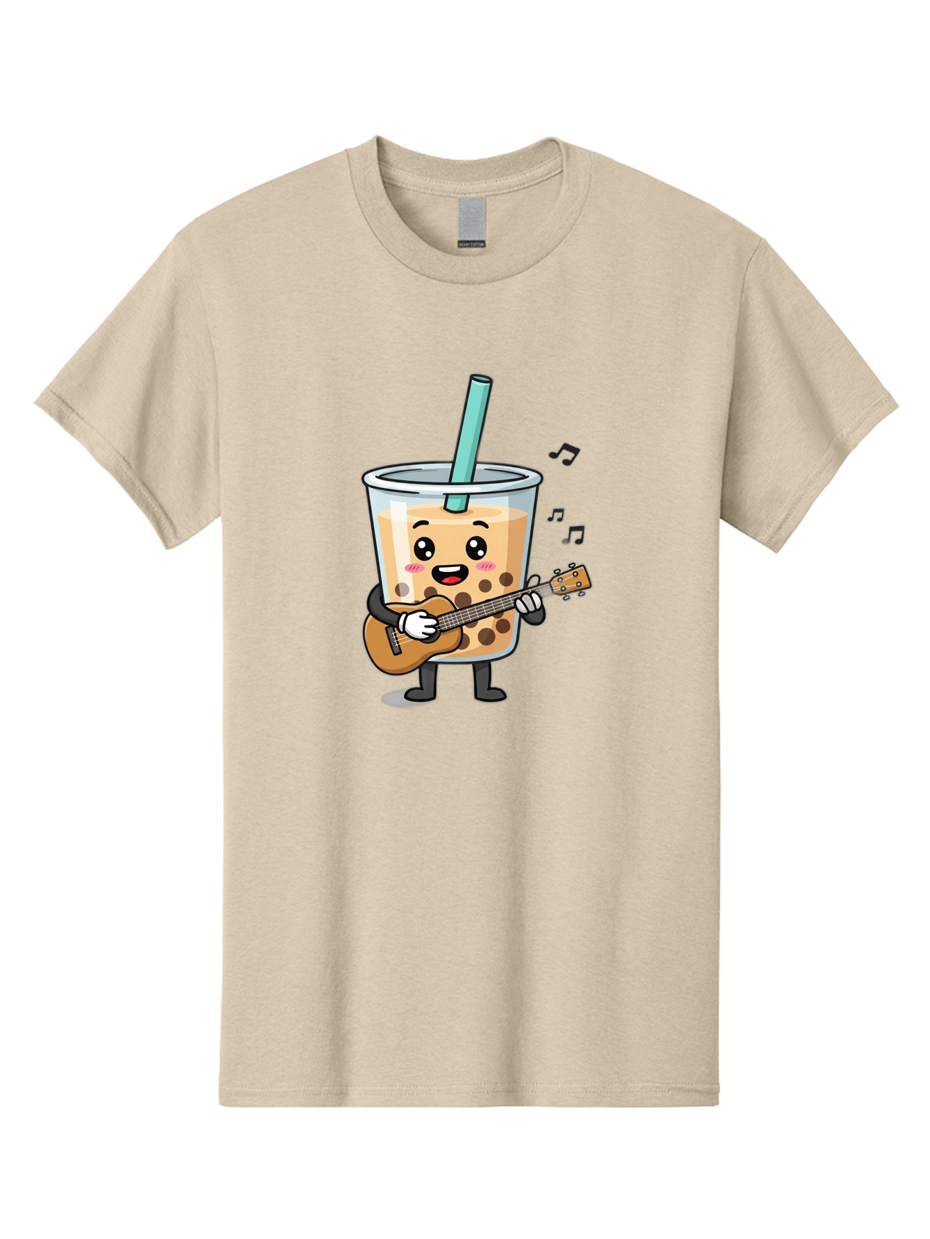 Bubble-Tea-With-Ukulele Men'S Graphic Tee, 100% Cotton, Comfortable Casual Summer Wear, Machine Washable, Boba Tea Playing Guitar, Cute Cartoon Character, Bubble Tea Mascot, Music Lover, Fun Beverage, Kawaii, Milk Tea, Quirky Illustration Bac713