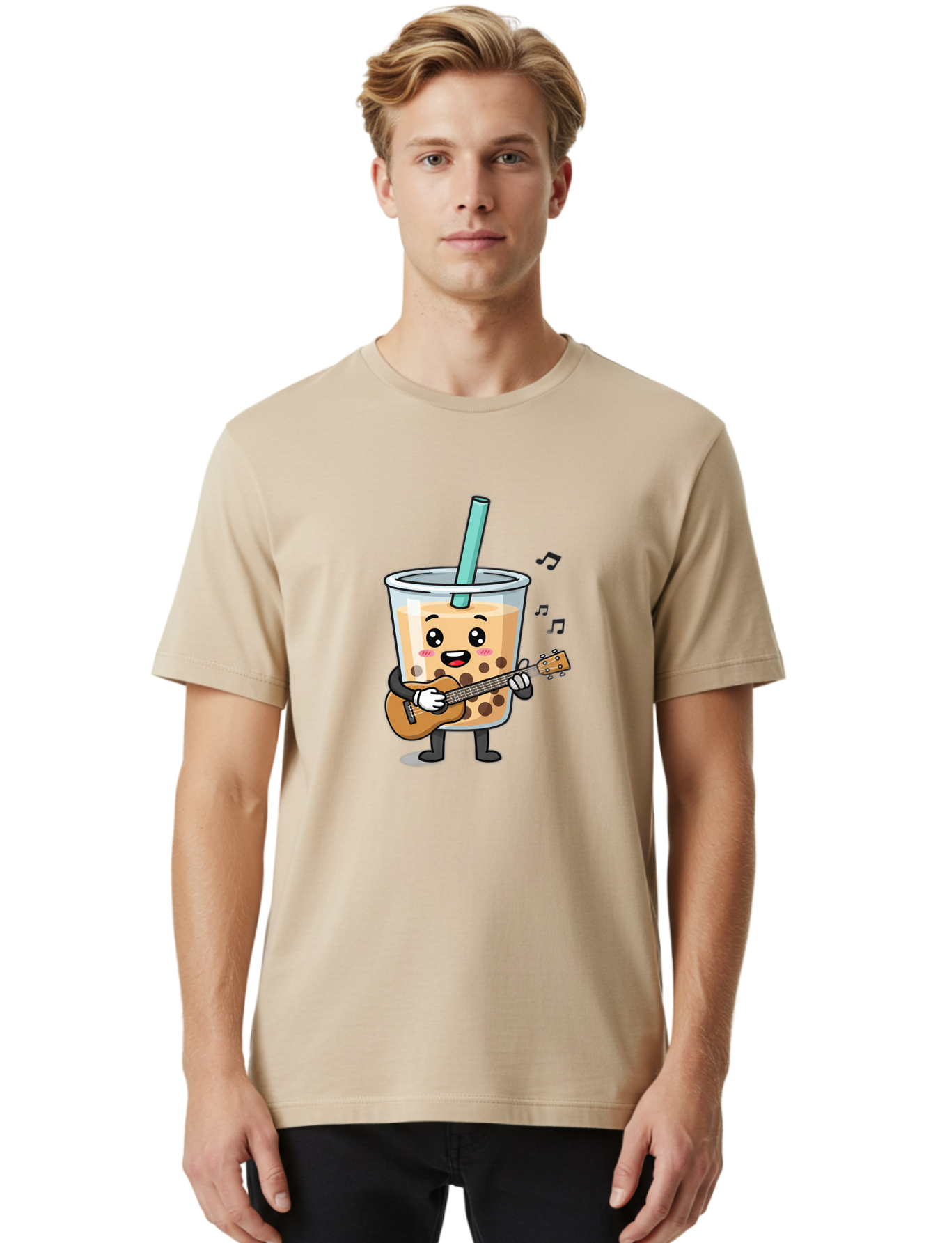 Bubble-Tea-With-Ukulele Men'S Graphic Tee, 100% Cotton, Comfortable Casual Summer Wear, Machine Washable, Boba Tea Playing Guitar, Cute Cartoon Character, Bubble Tea Mascot, Music Lover, Fun Beverage, Kawaii, Milk Tea, Quirky Illustration Bac713