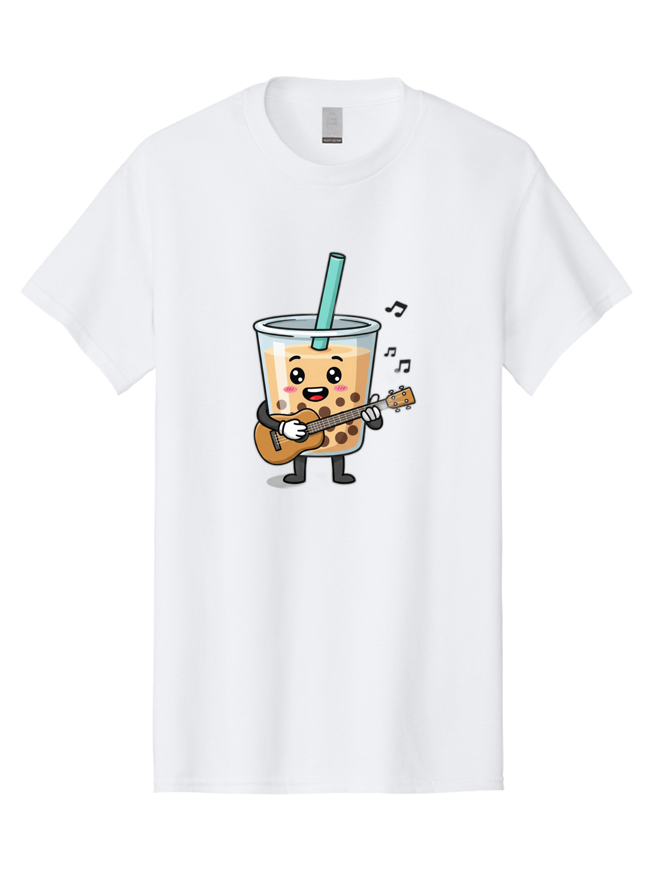 Bubble-Tea-With-Ukulele Men'S Graphic Tee, 100% Cotton, Comfortable Casual Summer Wear, Machine Washable, Boba Tea Playing Guitar, Cute Cartoon Character, Bubble Tea Mascot, Music Lover, Fun Beverage, Kawaii, Milk Tea, Quirky Illustration Bac713